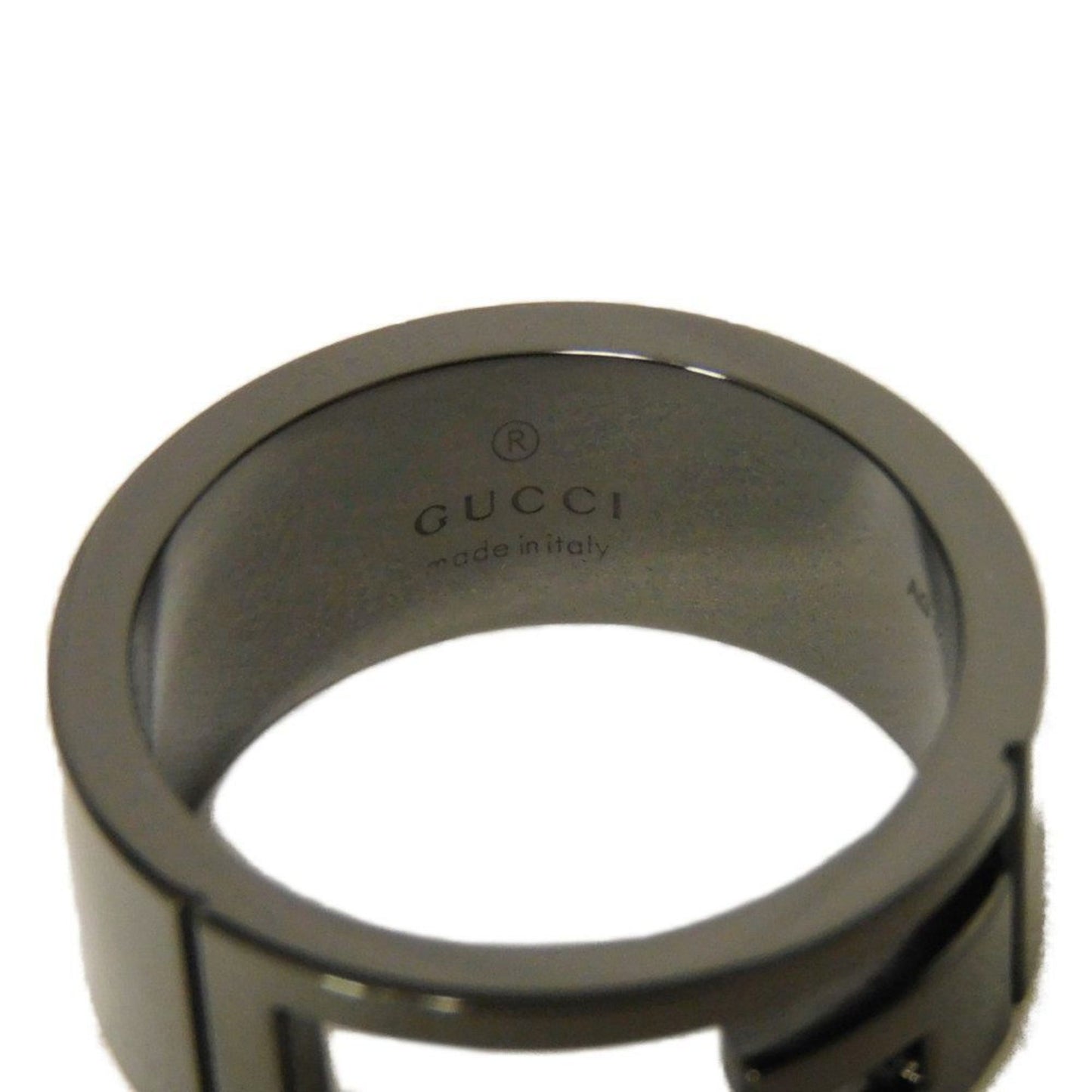 Gucci blunt cutout ring, G13, sterling silver with ruthenium, size 12, AG925 gunmetal, 224028 J8400 8195, for men and women.