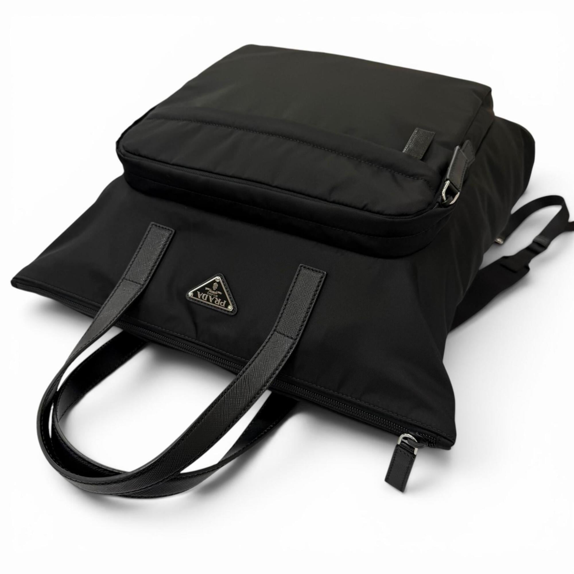 PRADA 2VG098 Triangle Logo Saffiano Leather Re-Nylon 2-Way Backpack Tote Bag Black Made in Italy Men's with Dust — Like New
