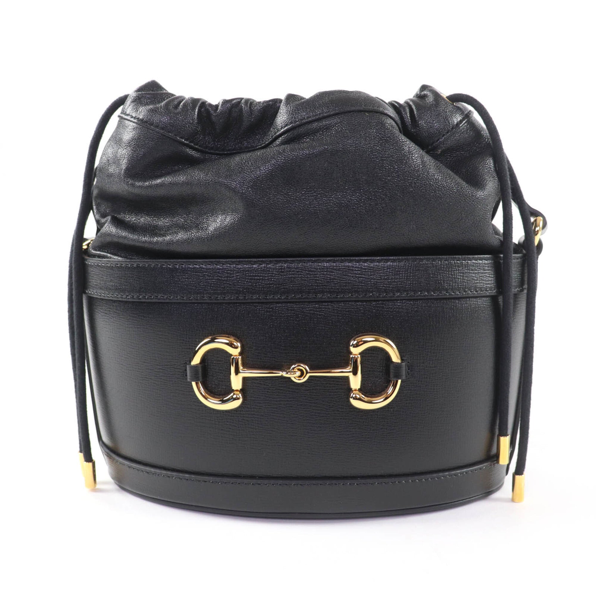 GUCCI 602118 Horsebit Leather Bucket Bag Shoulder Black Gold Hardware with Dust Made in Italy Women's — Like New