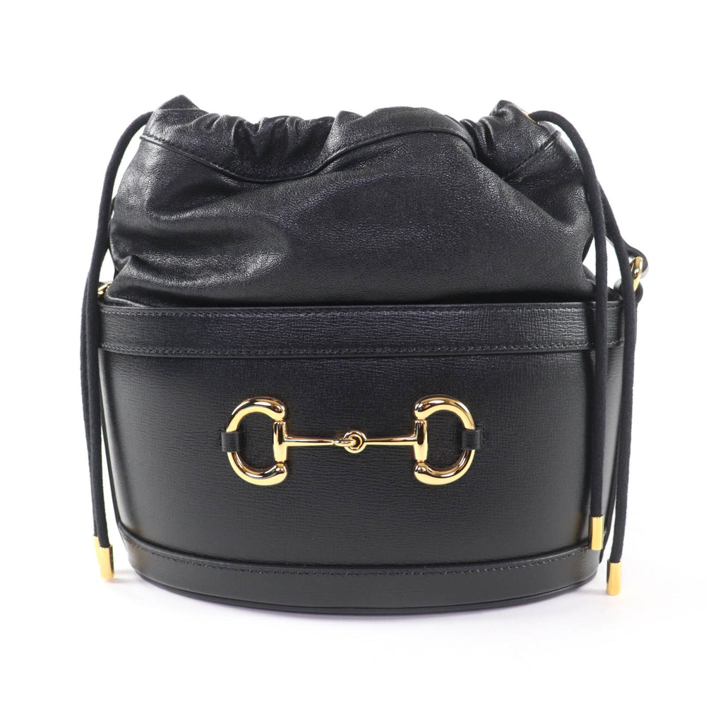 GUCCI 602118 Horsebit Leather Bucket Bag Shoulder Black Gold Hardware with Dust Made in Italy Women's — Like New