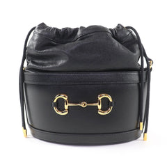 GUCCI 602118 Horsebit Leather Bucket Bag Shoulder Black Gold Hardware with Dust Made in Italy Women's — Like New