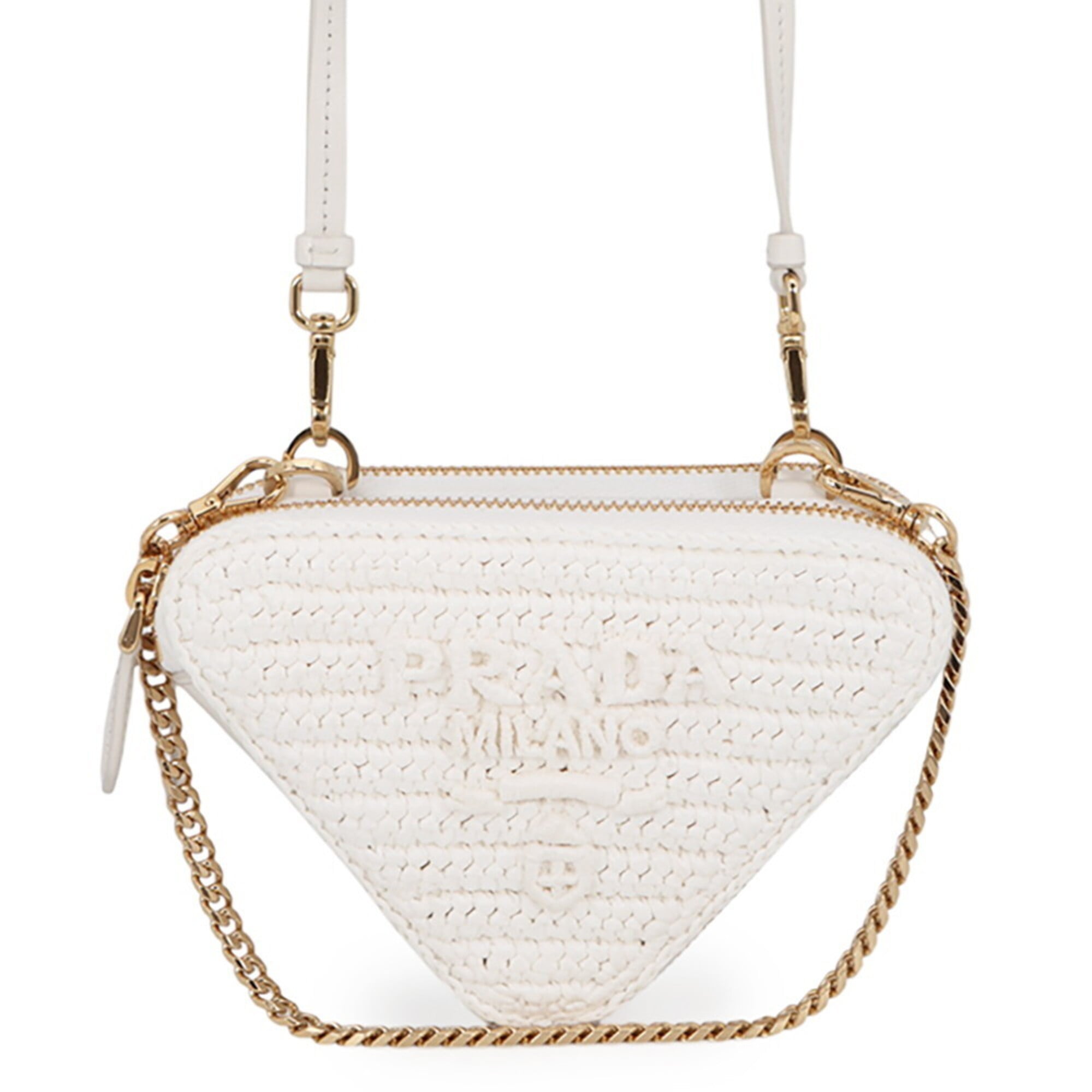 Prada Shoulder Bag Saffiano Triangle Mini Pouch Leather Raffia 1NR015 PRADA 2-way White Handbag — Like New