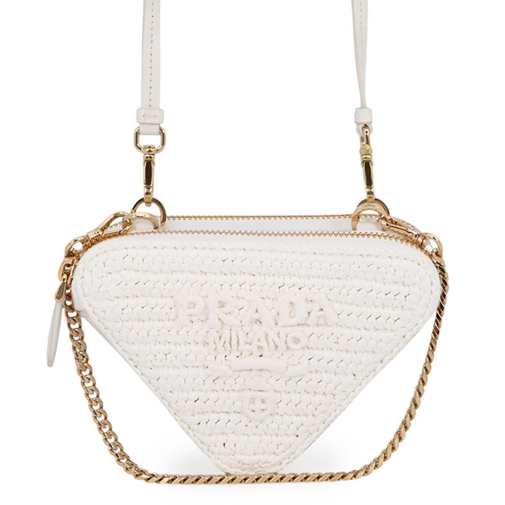 Prada Shoulder Bag Saffiano Triangle Mini Pouch Leather Raffia 1NR015 PRADA 2-way White Handbag — Like New