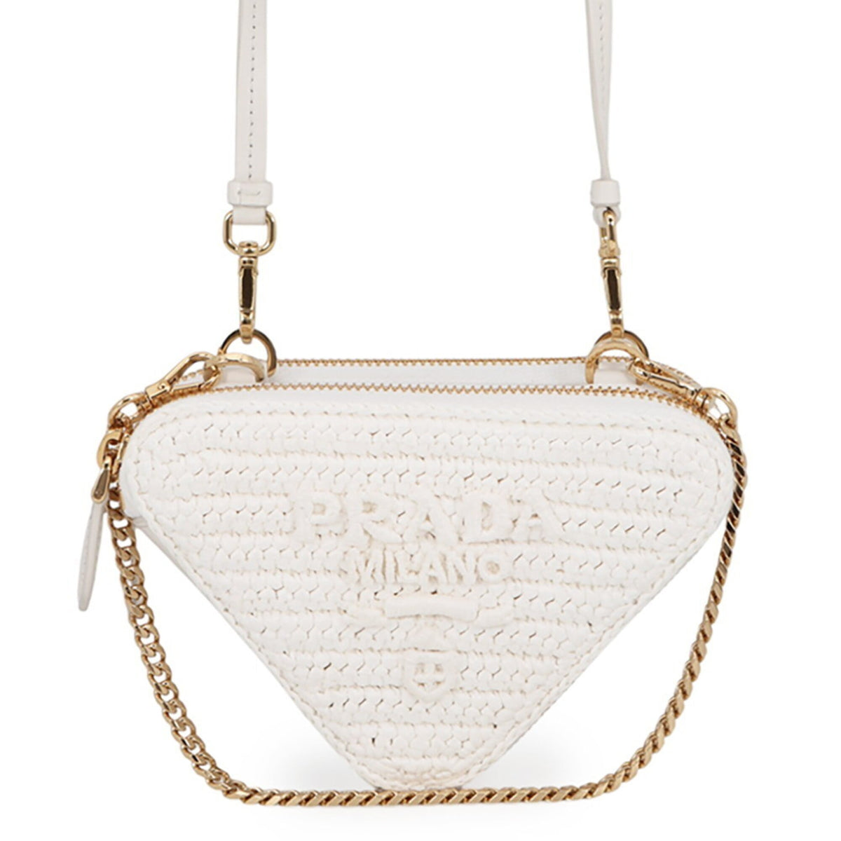 Prada Shoulder Bag Saffiano Triangle Mini Pouch Leather Raffia 1NR015 PRADA 2-way White Handbag — Like New