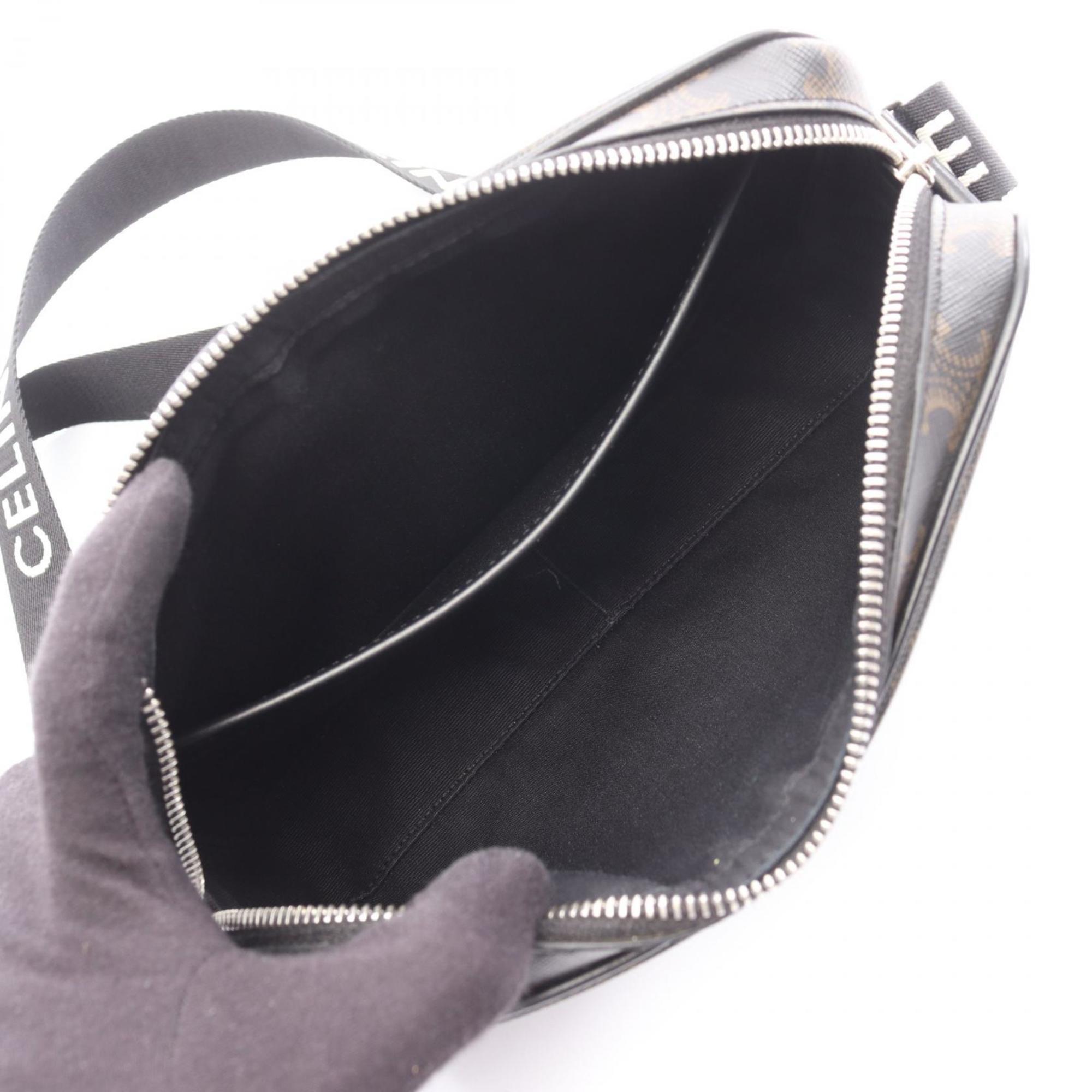 Celine Triomphe Medium Messenger Bag, Shoulder Coated Canvas and Leather, Men's Women's, Brown Black, 197202DND.38OS