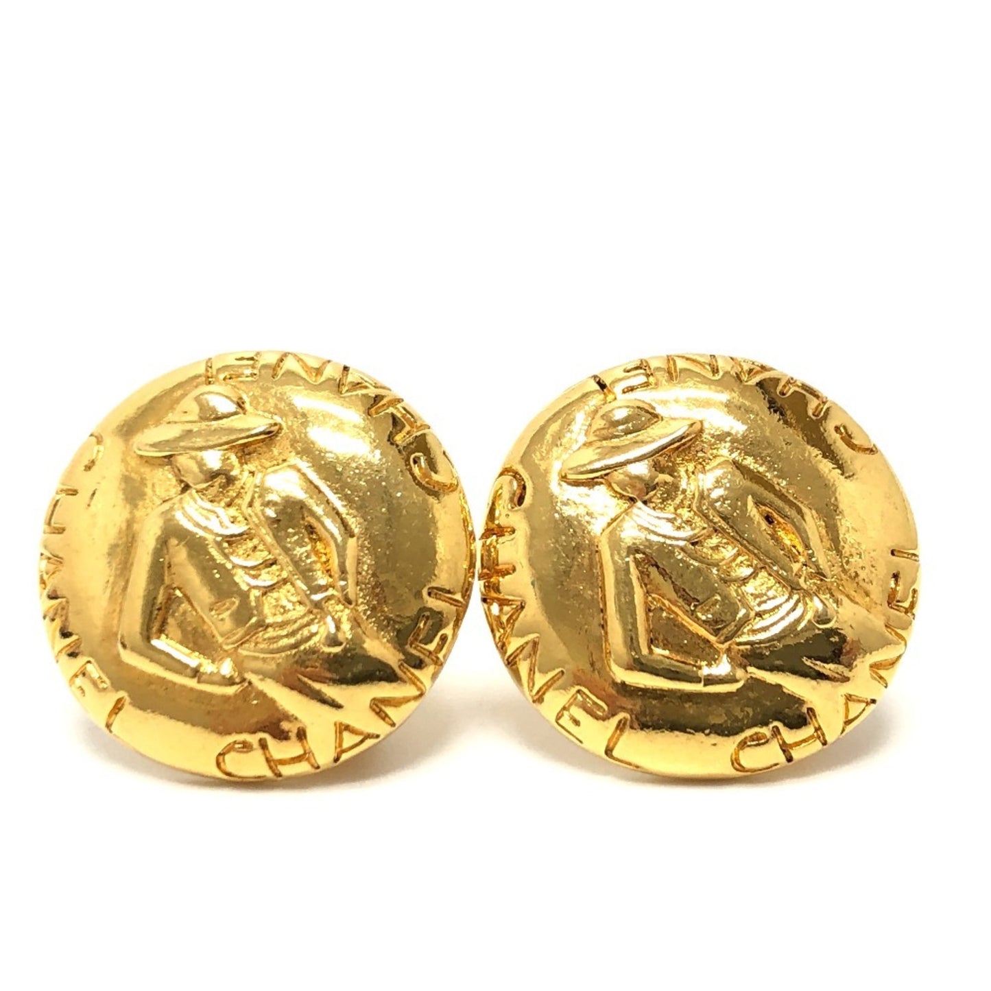 CHANEL Vintage Mademoiselle Round Earrings, Metal, Women's, Gold