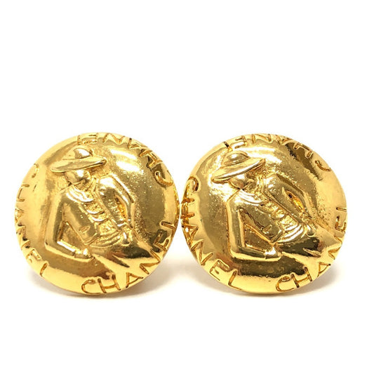 CHANEL Vintage Mademoiselle Round Earrings, Metal, Women's, Gold
