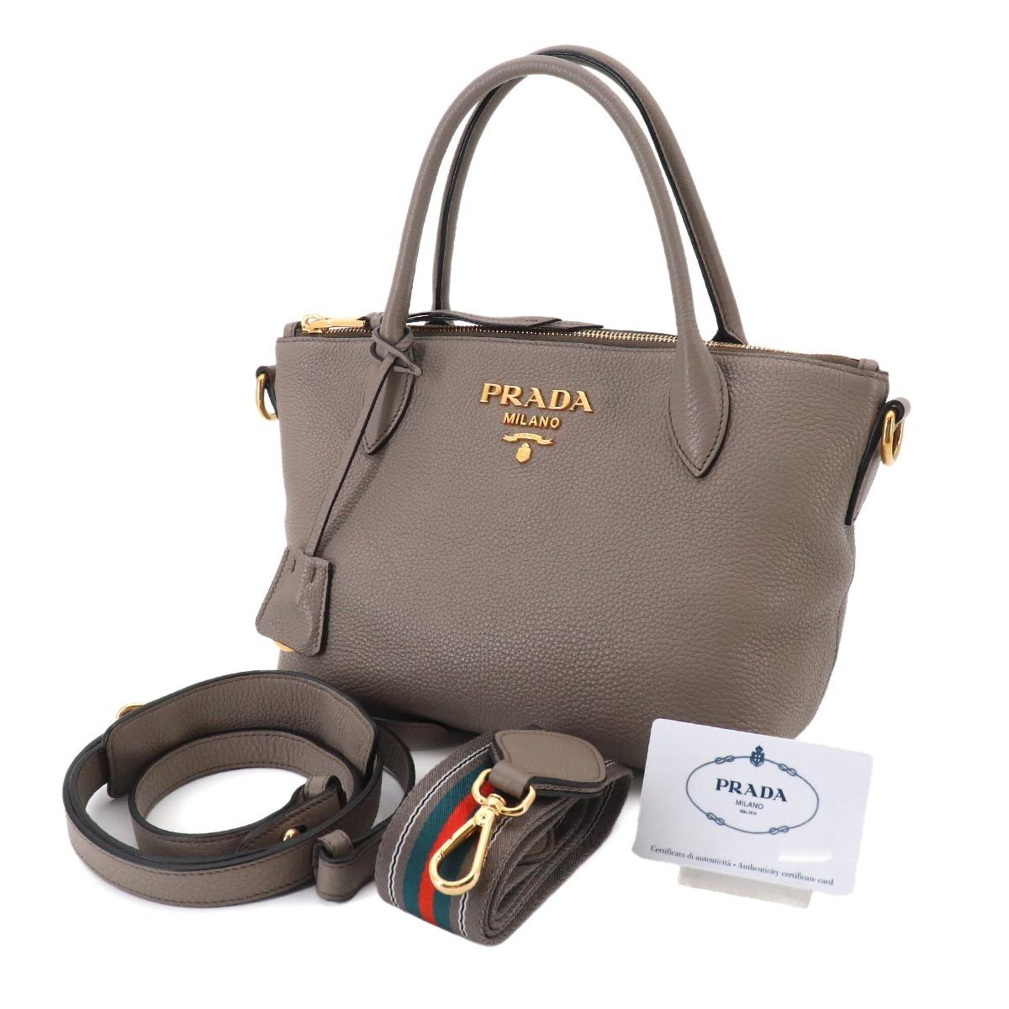 Prada 2-way Hand/Shoulder Handbag, Leather, Gray, 1BA111, Gold Hardware — Like New