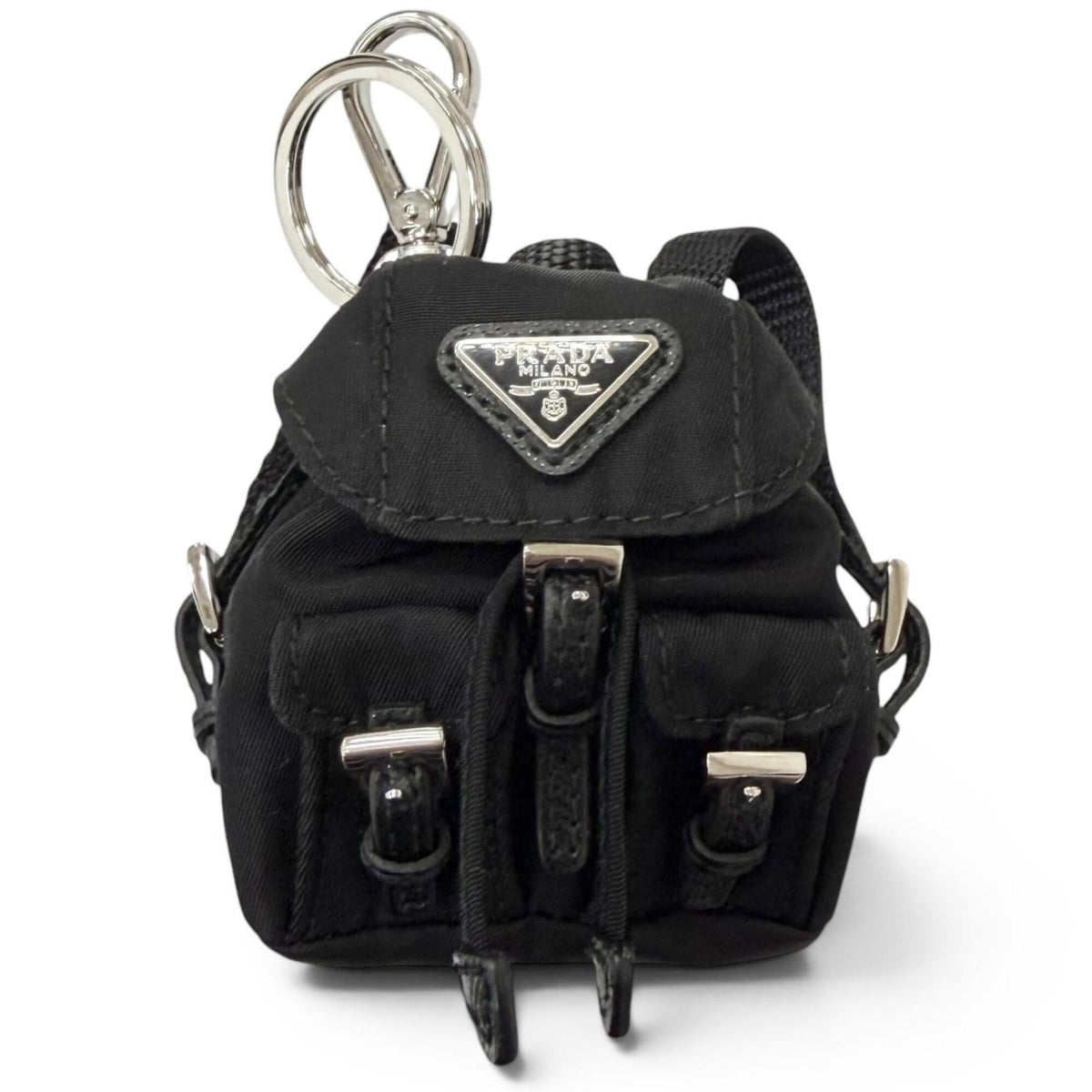 PRADA 2TT205 Triangle Logo Backpack Motif Bag Charm Strap, Black, Made in Italy, Men's, with Box — Like New