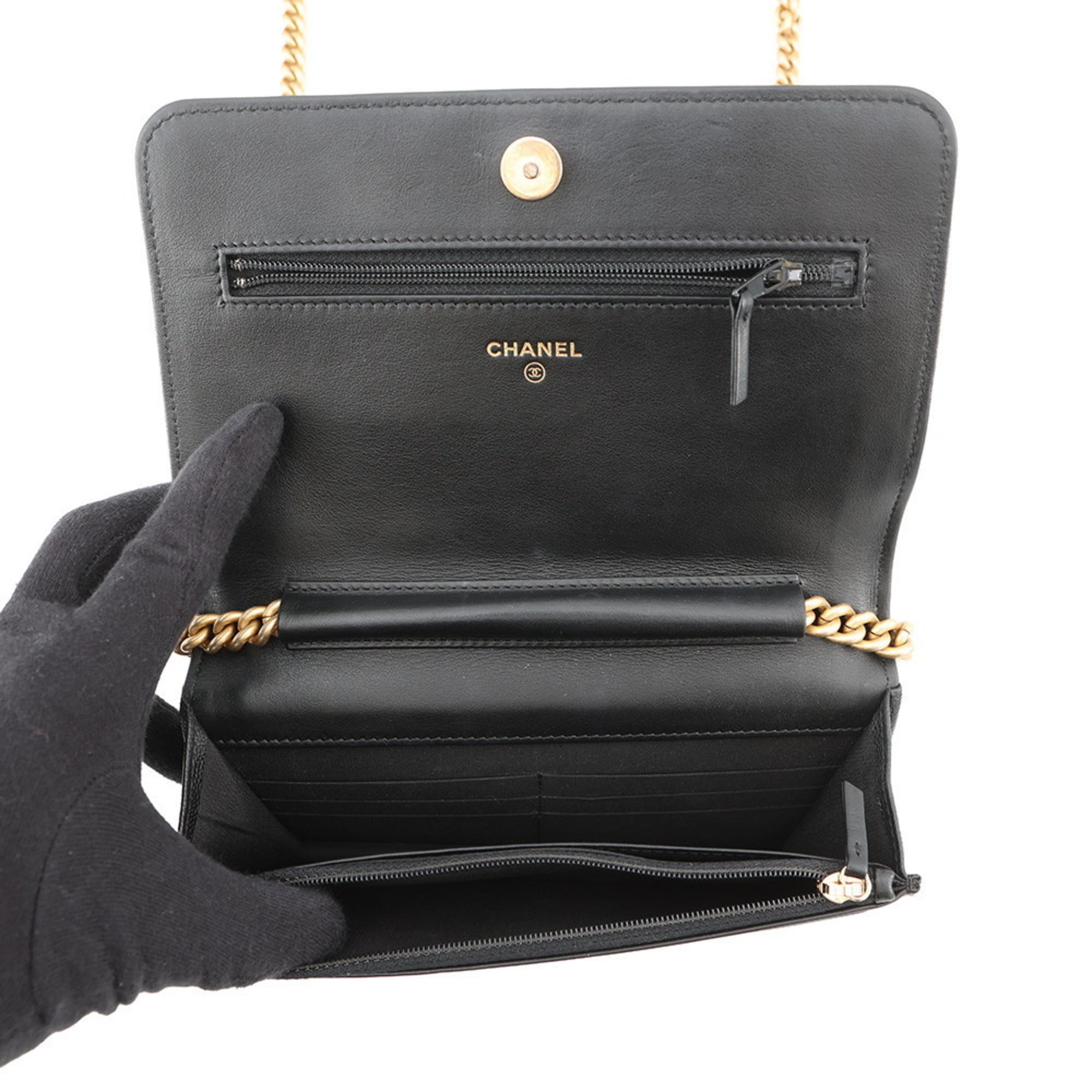 Chanel Chain Wallet Boy Matelasse Coco Mark Caviar Skin AP1117 CHANEL Black