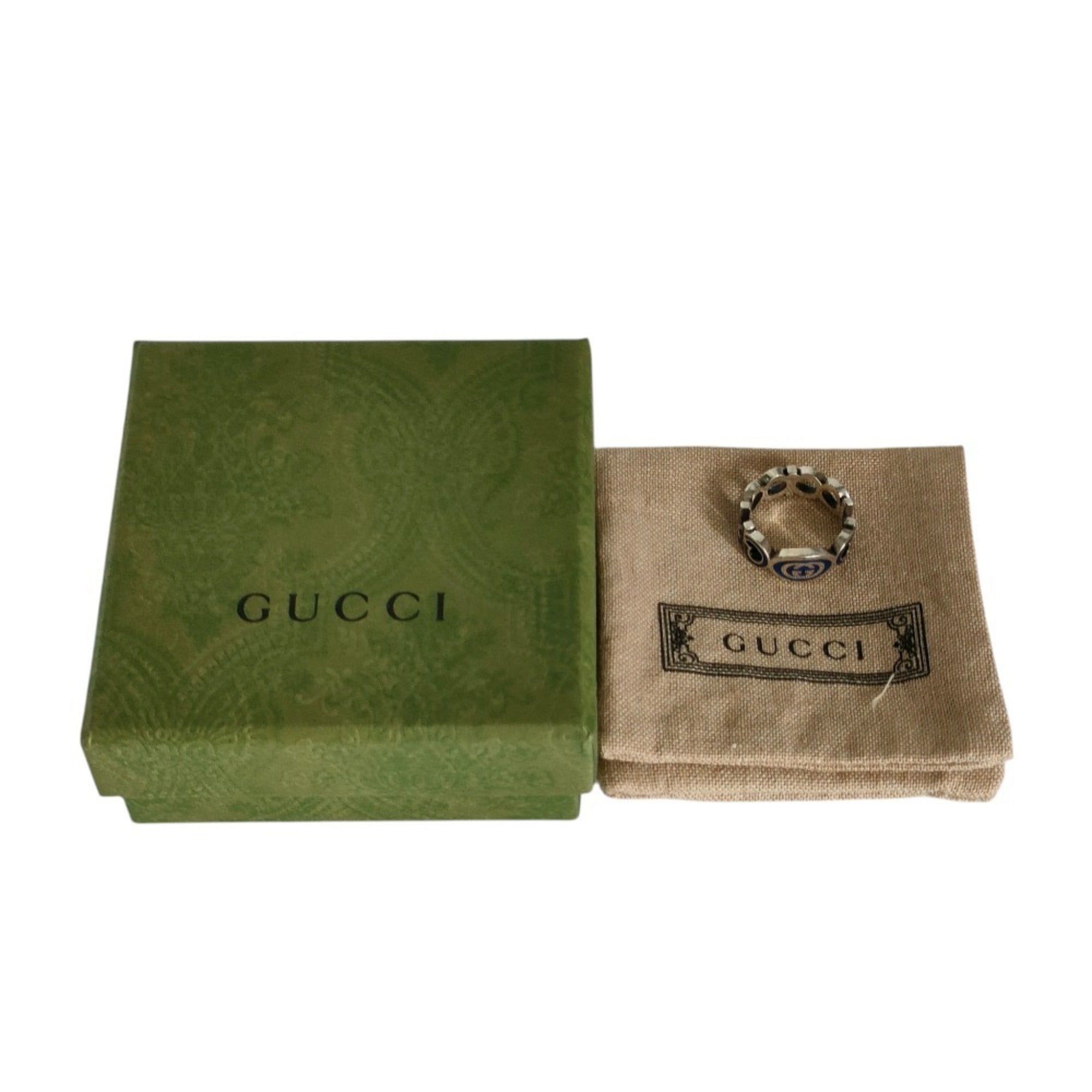 GUCCI 925 Interlocking GG Logo Silver Ring, Size 16 (equivalent to size 1), with Box, Blue Silver, Men's/Women's — Like New