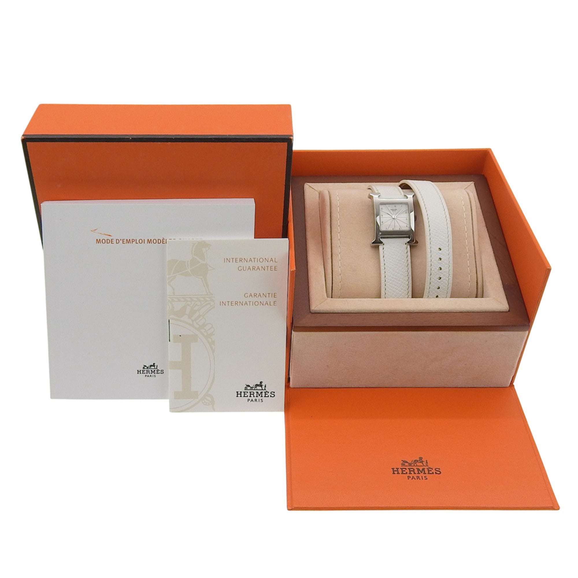 Hermès H Watch Double Tour HH1.210, stainless steel and smooth leather, made in France, 2012, silver P quartz movement, analog display, white dial, Heure watch for women — Good