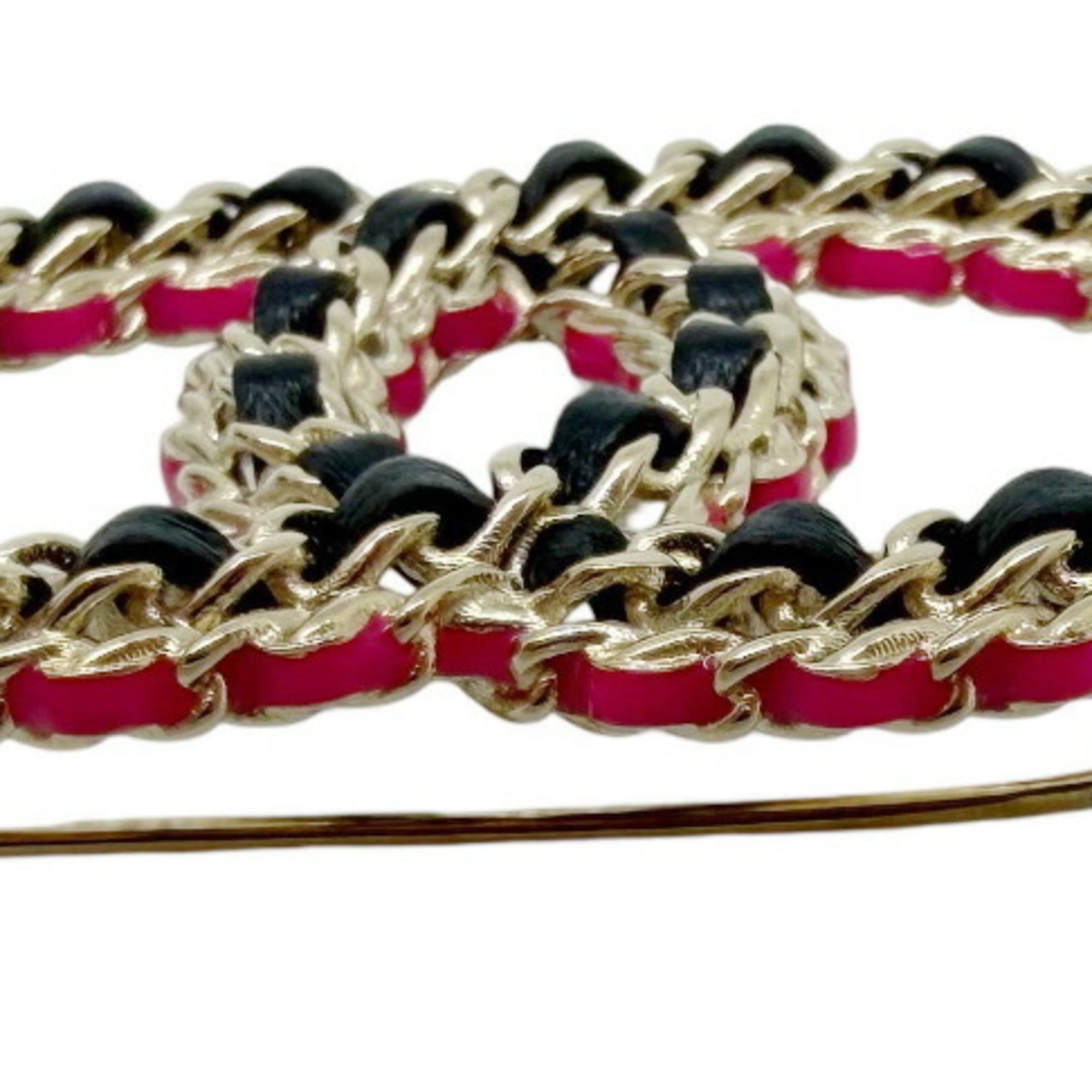 CHANEL CC Brooch Coco Black Pink B23B Champagne Gold Leather Chain Women's Men's — Like New