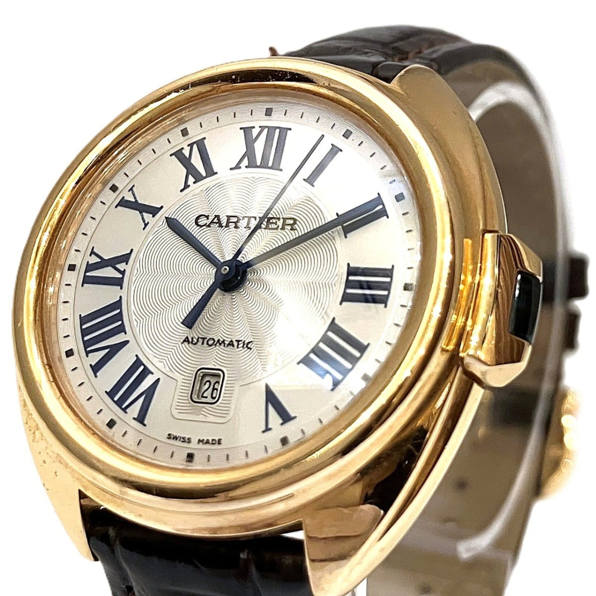 Cartier Clé de watch, total weight 51g, 18K gold, genuine leather strap, automatic movement, white dial, WGCL0010 — Good