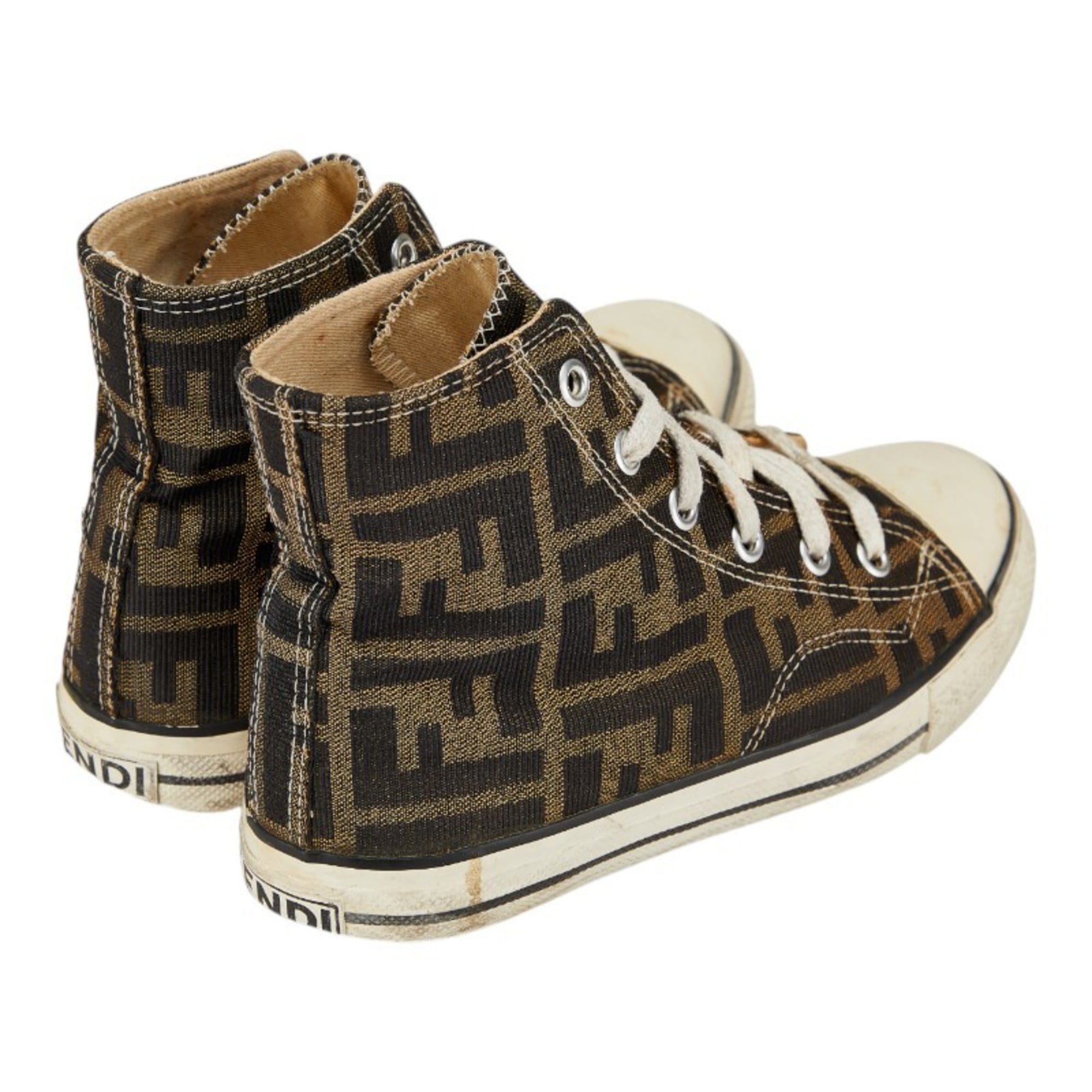 Fendi Zucca High-Top Sneakers, Size 34, Beige/Brown Canvas, Women's, FENDI