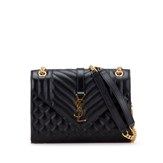 Saint Laurent Envelope Chain Shoulder Bag Handbag Black Gold Leather Women's SAINT LAURENT