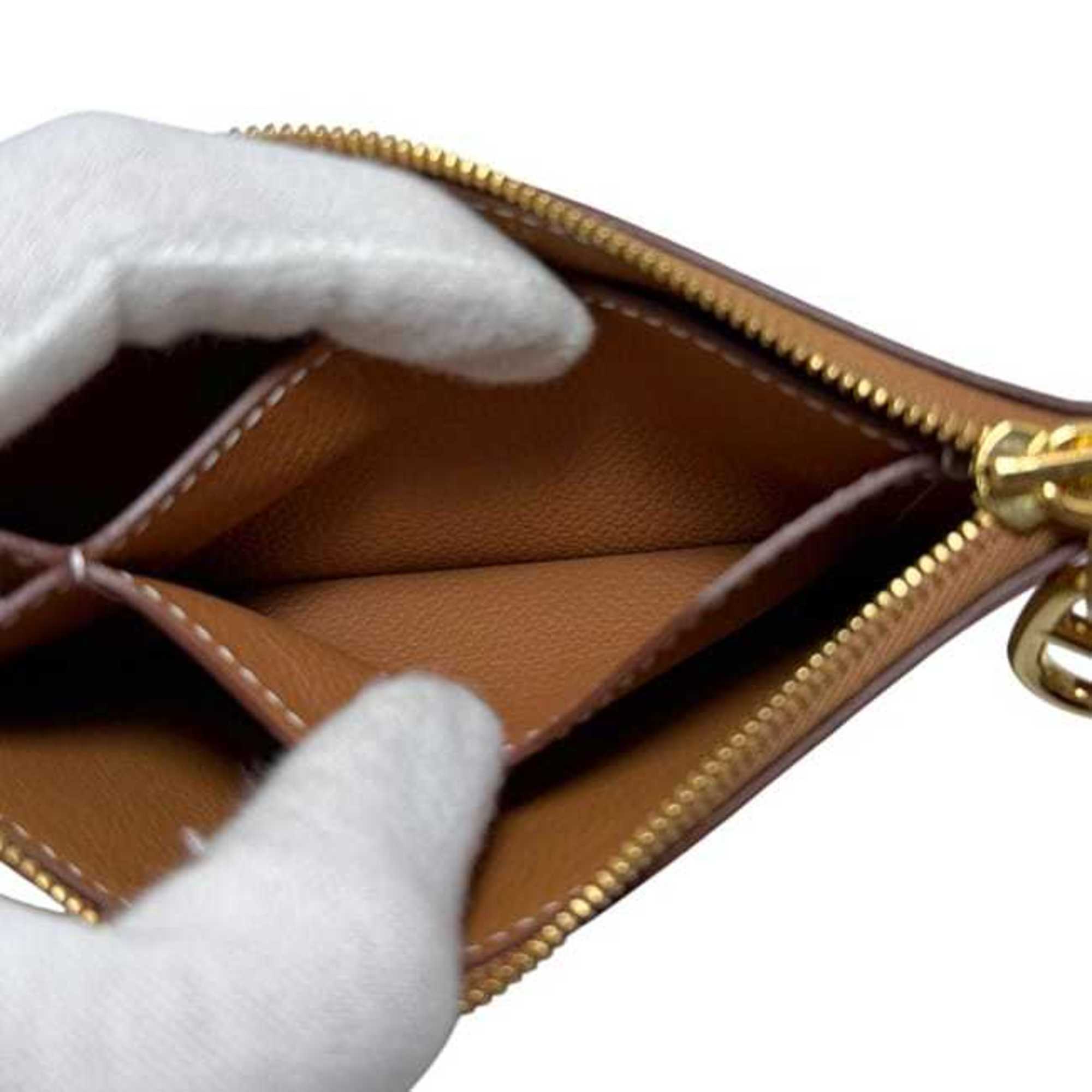 Hermes Hermès Zip Ango PM card case, f-24796, camel brown with gold coin purse and leather, Evercolor K stamp, made in 2025. This Chaine mini pouch wallet is brown.