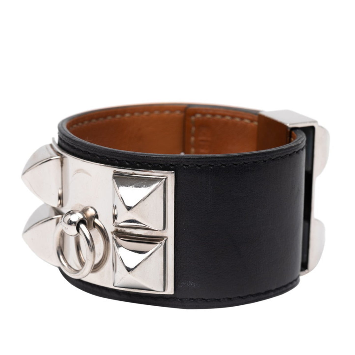 Hermès Collier de Chien Bangle Bracelet, Size S, Black and Silver Box Calf Leather, Metal, Women's, HERMES