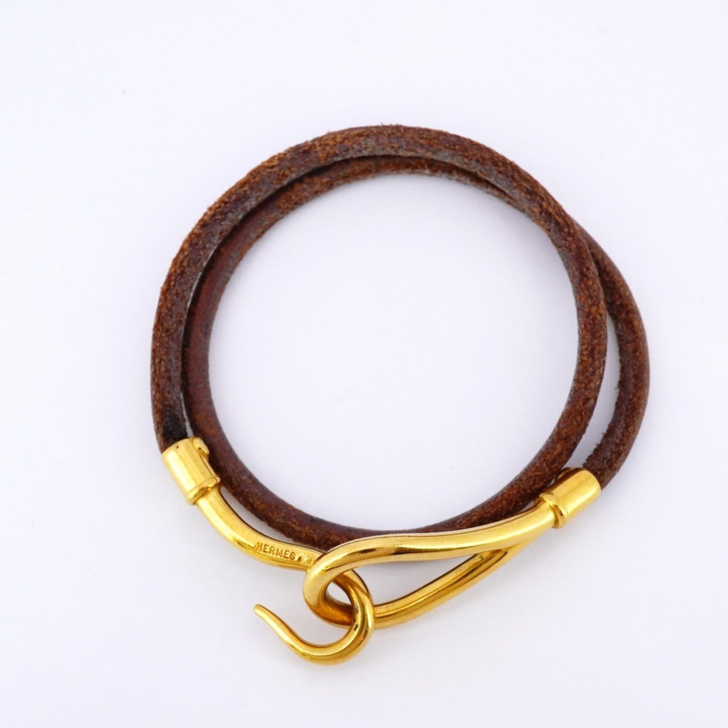 Hermes Jumbo Hook Bracelet, GP Plated Leather, Gold Brown, Women's, P1642597