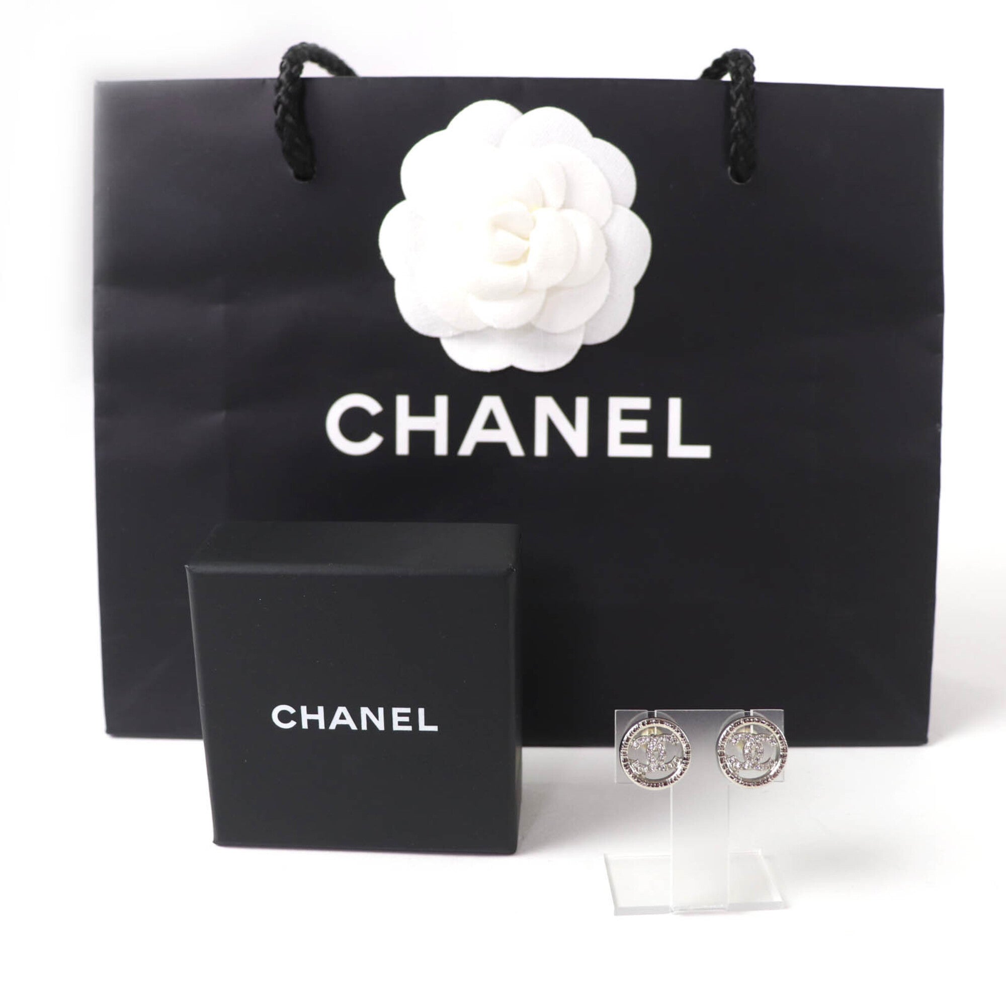 CHANEL AB9068 A22A Metal Coco Mark Rhinestone Circle Earrings, Silver, with Box, Made in France, Women's — Like New