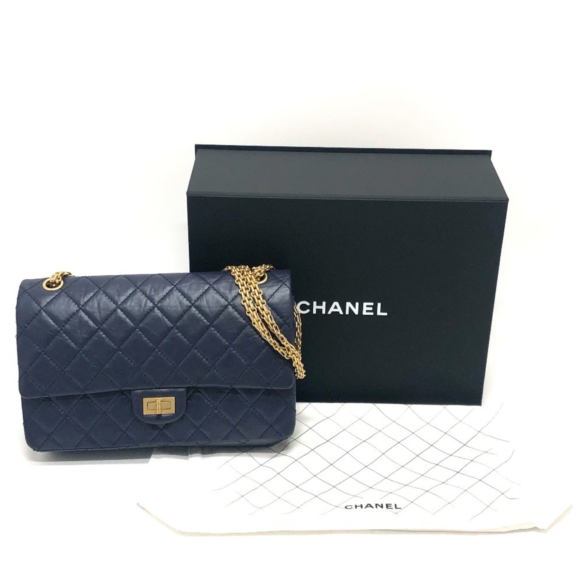 CHANEL Chanel Matelasse Double Flap 2.55 Bag Shoulder Crossbody Leather Women's Navy — Like New