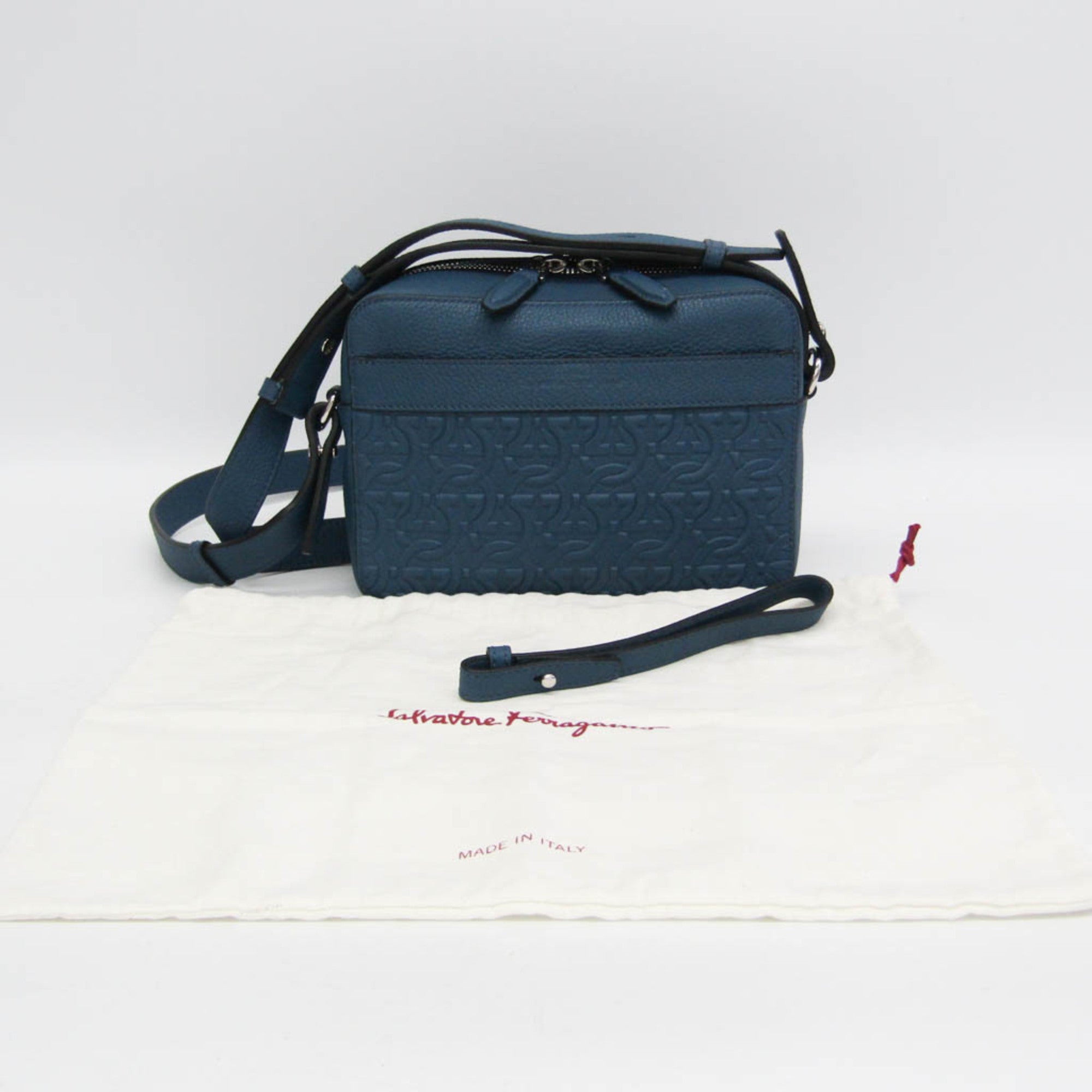 Salvatore Ferragamo Gancini GG-24 1204 Men's Leather Clutch Bag,Shoulder Bag Blue — Like New