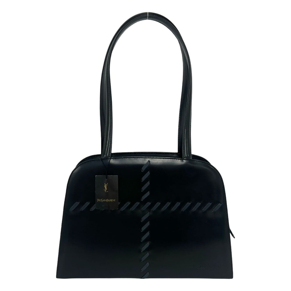 YVES SAINT LAURENT Logo Stitch Leather Handbag Semi-Shoulder Bag Black 17395 — Like New