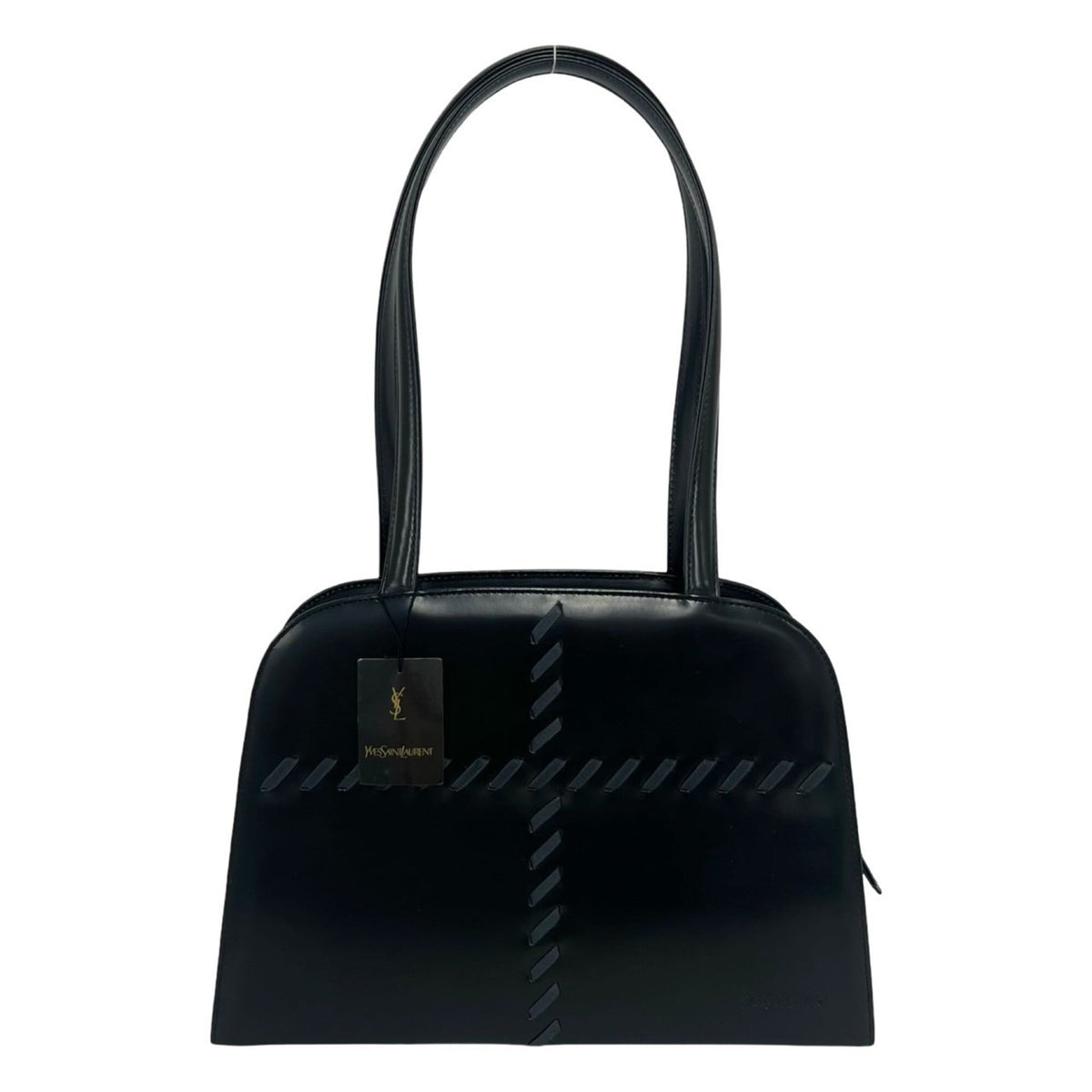 YVES SAINT LAURENT Logo Stitch Leather Handbag Semi-Shoulder Bag Black 17395 — Like New