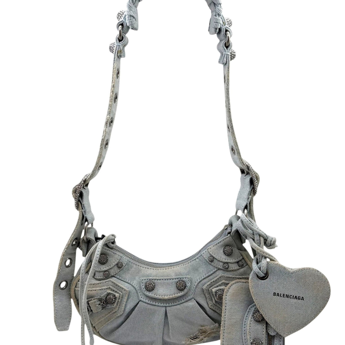 BALENCIAGA Le Cagole denim shoulder bag XS, blue with rhinestone heart design, for women — New - Store Return