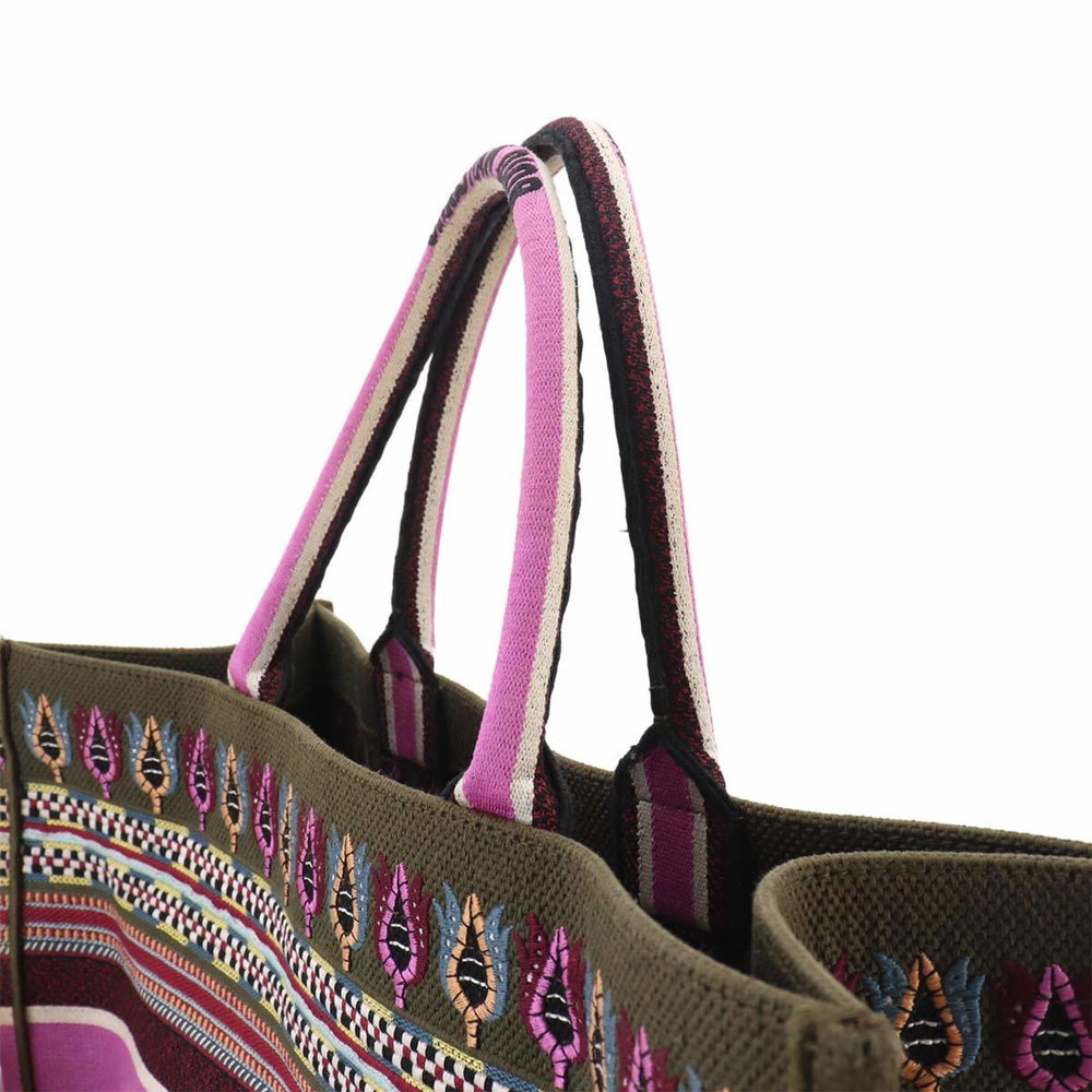 Christian Dior Book Tote Large Handbag, Canvas, Khaki, Multicolor Botanical Print — Like New