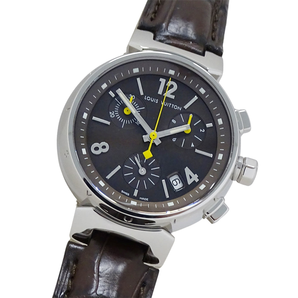 Louis Vuitton LOUIS VUITTON Boys' Watch Tambour Chronograph Date Quartz QZ Stainless Steel SS Leather Q1321 Silver Brown — Good