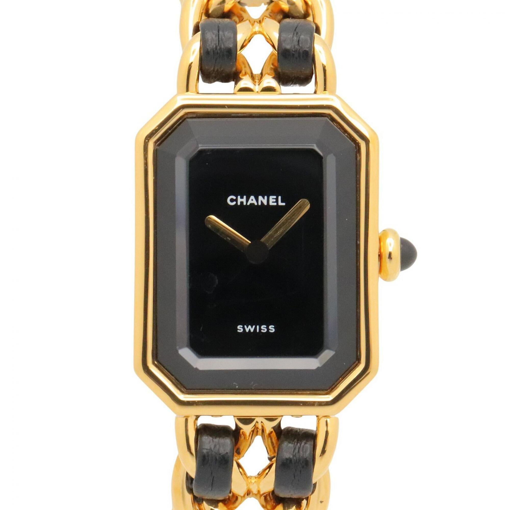 Chanel CHANEL Première S Watch, Gold Plated (GP), Leather Strap, Women's, Black, H0001 — Very Good
