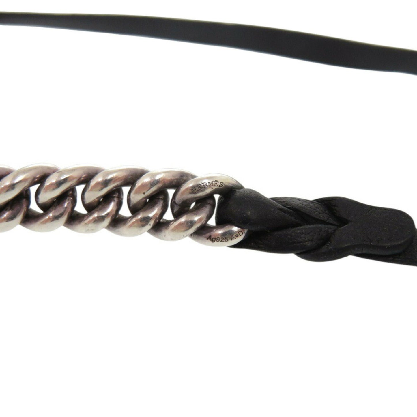 Hermes Chain Silver 925 Leather Bracelet Black 1312HERMES