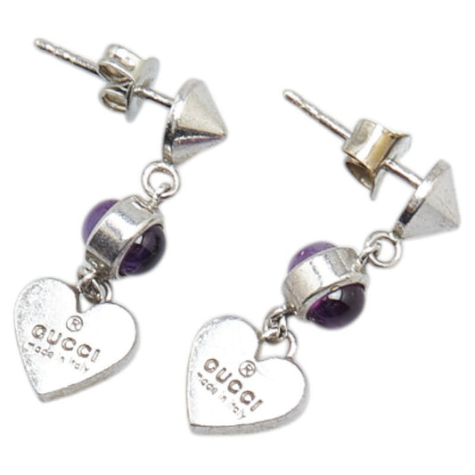 Gucci Heart Motif Earrings in Silver and Purple with Amethyst, SV925, for Women.