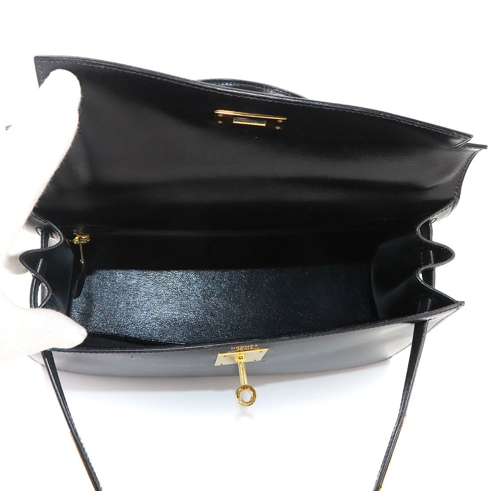 Hermes Kelly 28, Box Calf Leather, Black, 2-way Handbag/Shoulder Bag, 〇X Stamp, Made in 1994, External Stitching, Gold Hardware — Like New