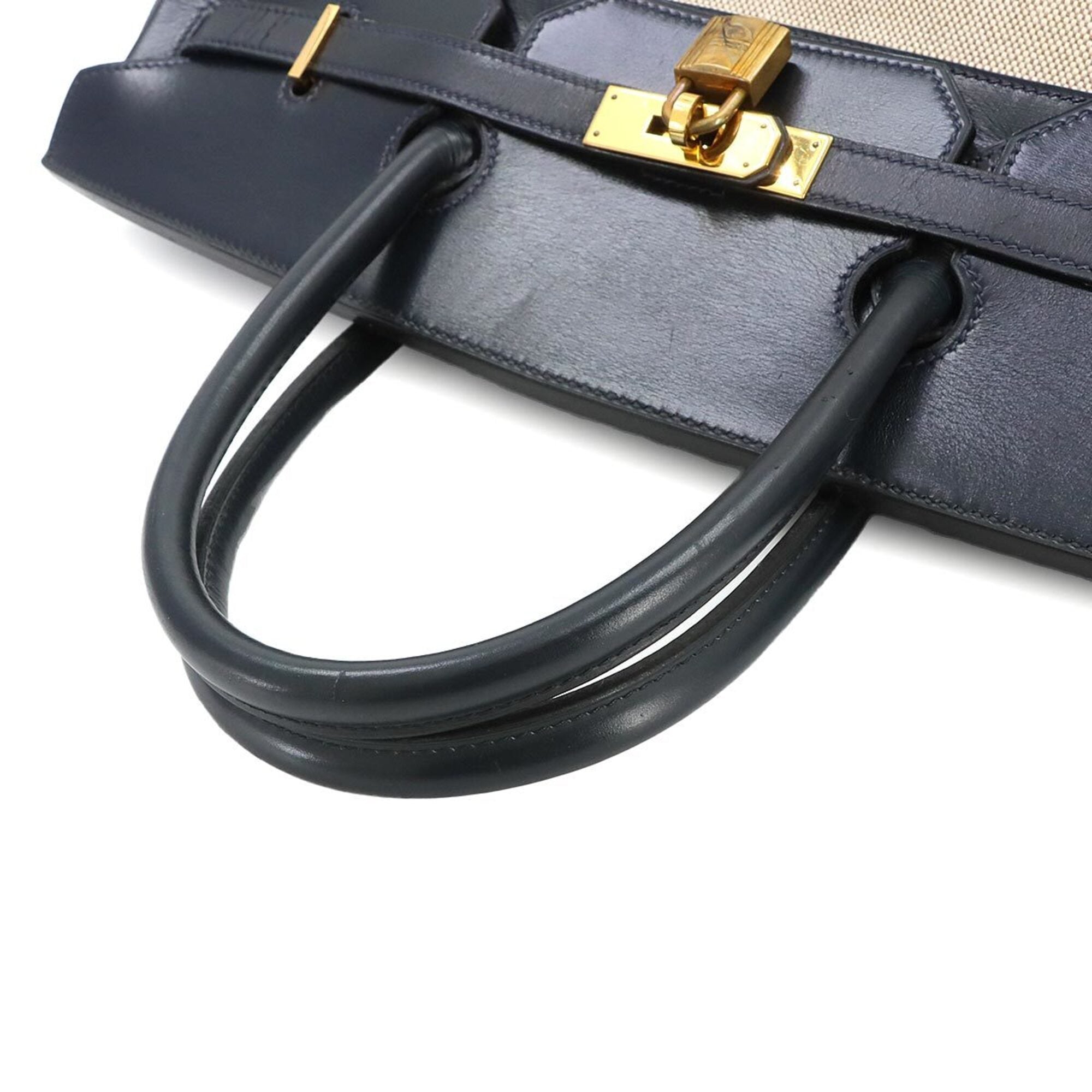 Hermes Birkin 40, Box Calf Leather, Toile H Blue Marine Beige, Handbag, 〇R Stamp, Made in 1988, Gold Hardware — Like New