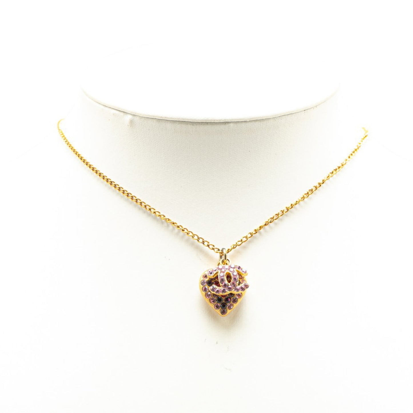 Chanel Coco Mark Heart Motif Rhinestone Necklace, Gold and Pink Plated, Women's
