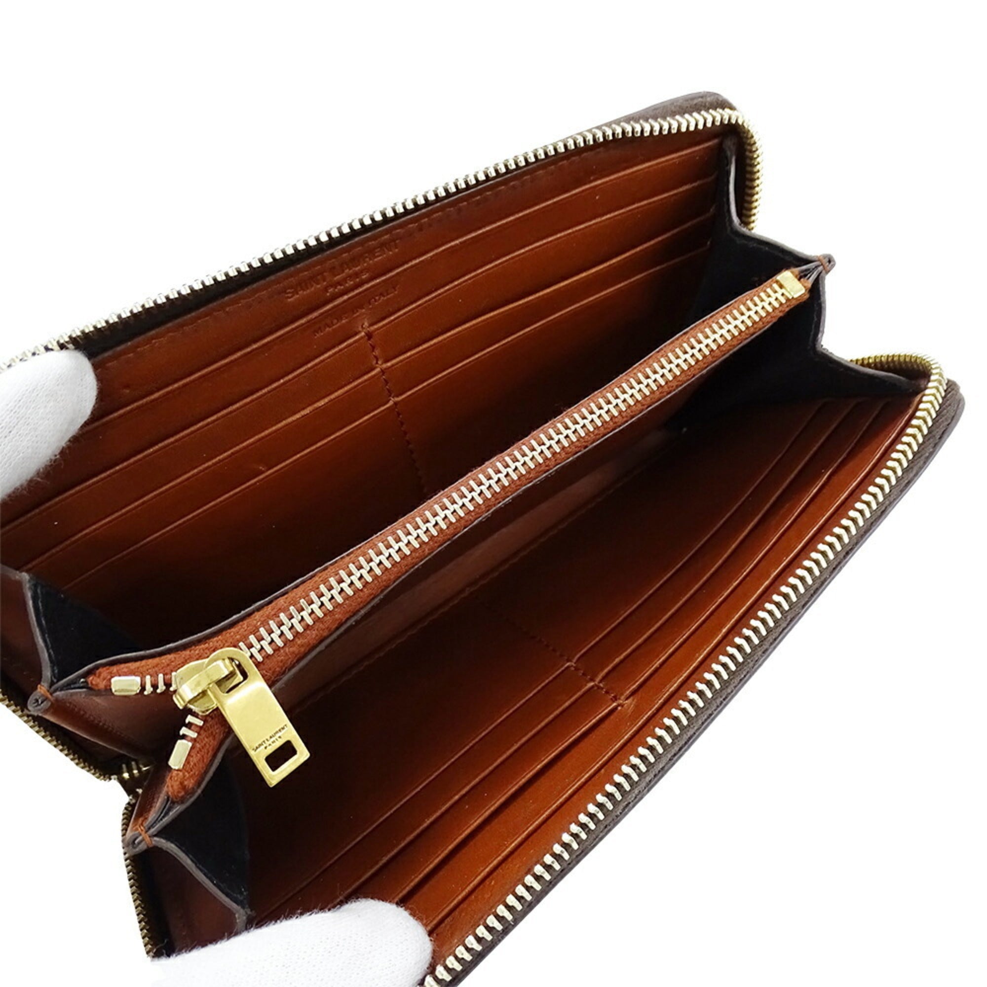 Saint Laurent wallet, men's and women's, brown leather, round, YSL