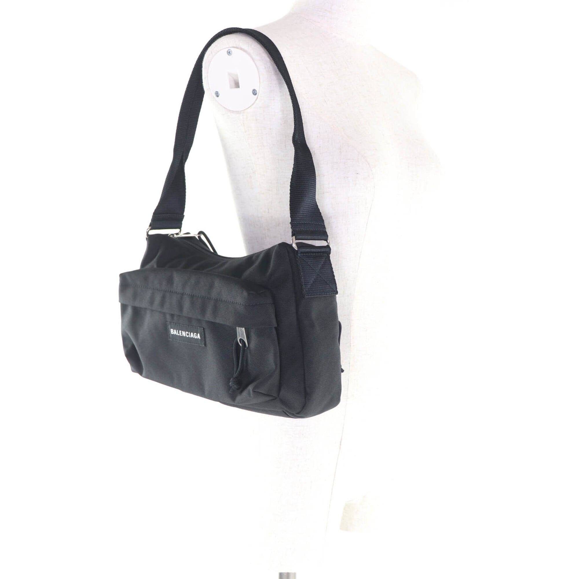 BALENCIAGA 787574 Explorer Nylon One-Shoulder Bag with Logo, Black, Made in Italy, Women's — Like New