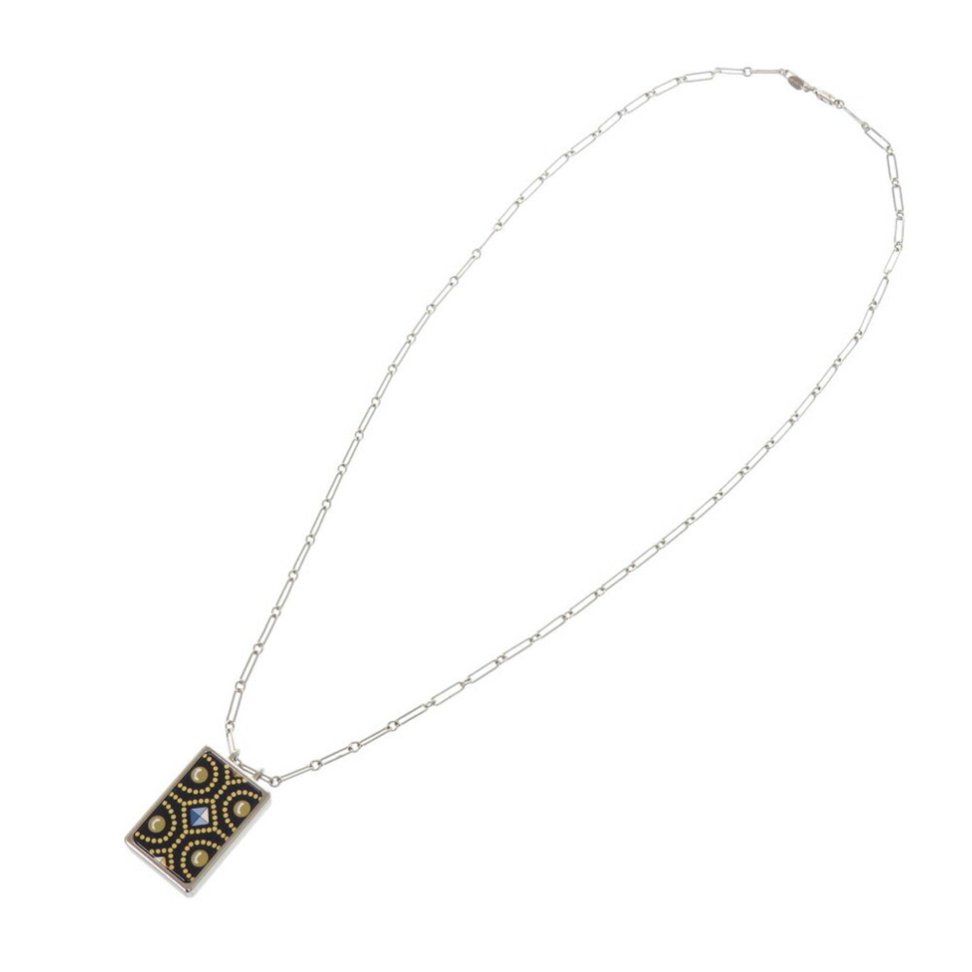 Like new Hermes Boite a Reve pendant metal silver navy necklace 1421HERMES — Like New