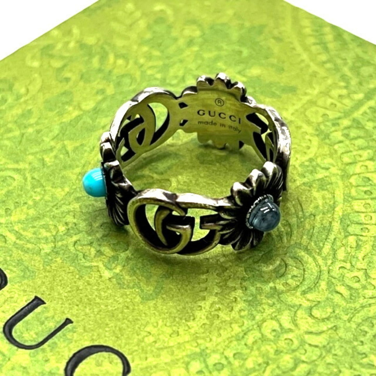 GUCCI Double G Mother of Pearl Ring Gucci Flower Interlocking Blue Sterling Silver GG Turquoise