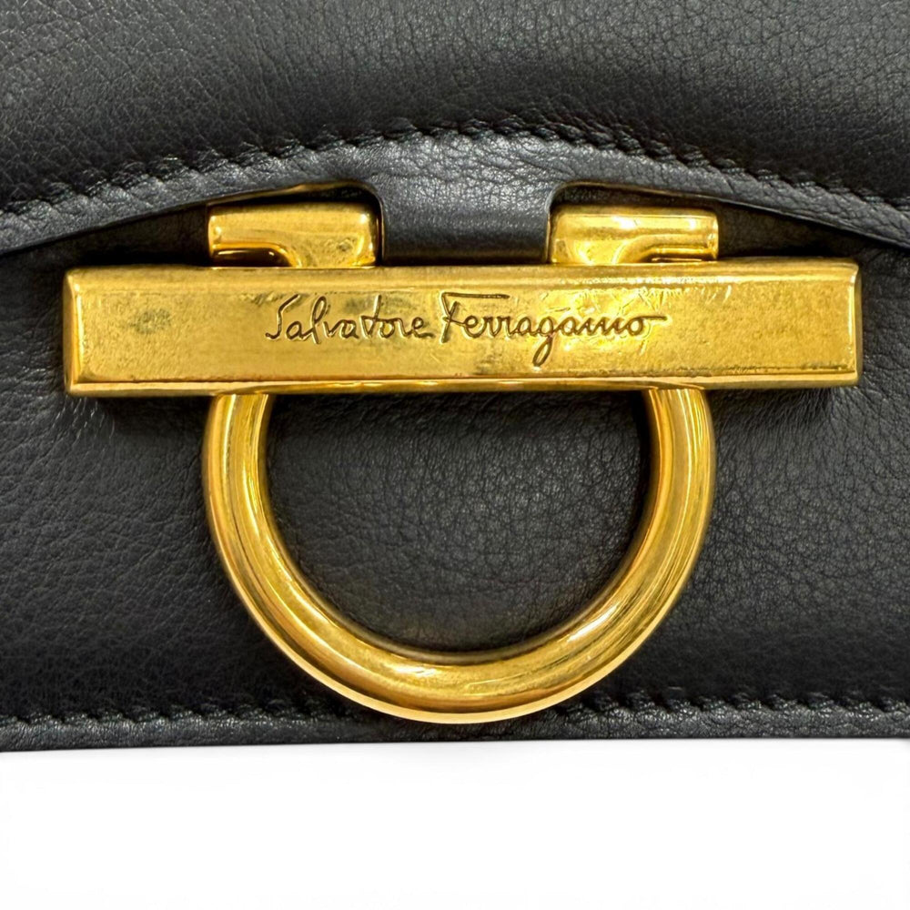 Salvatore Ferragamo Joanne Gancini Calf Leather Shoulder Bag, Black with Gold Hardware, Made in Italy, Women's — Like New