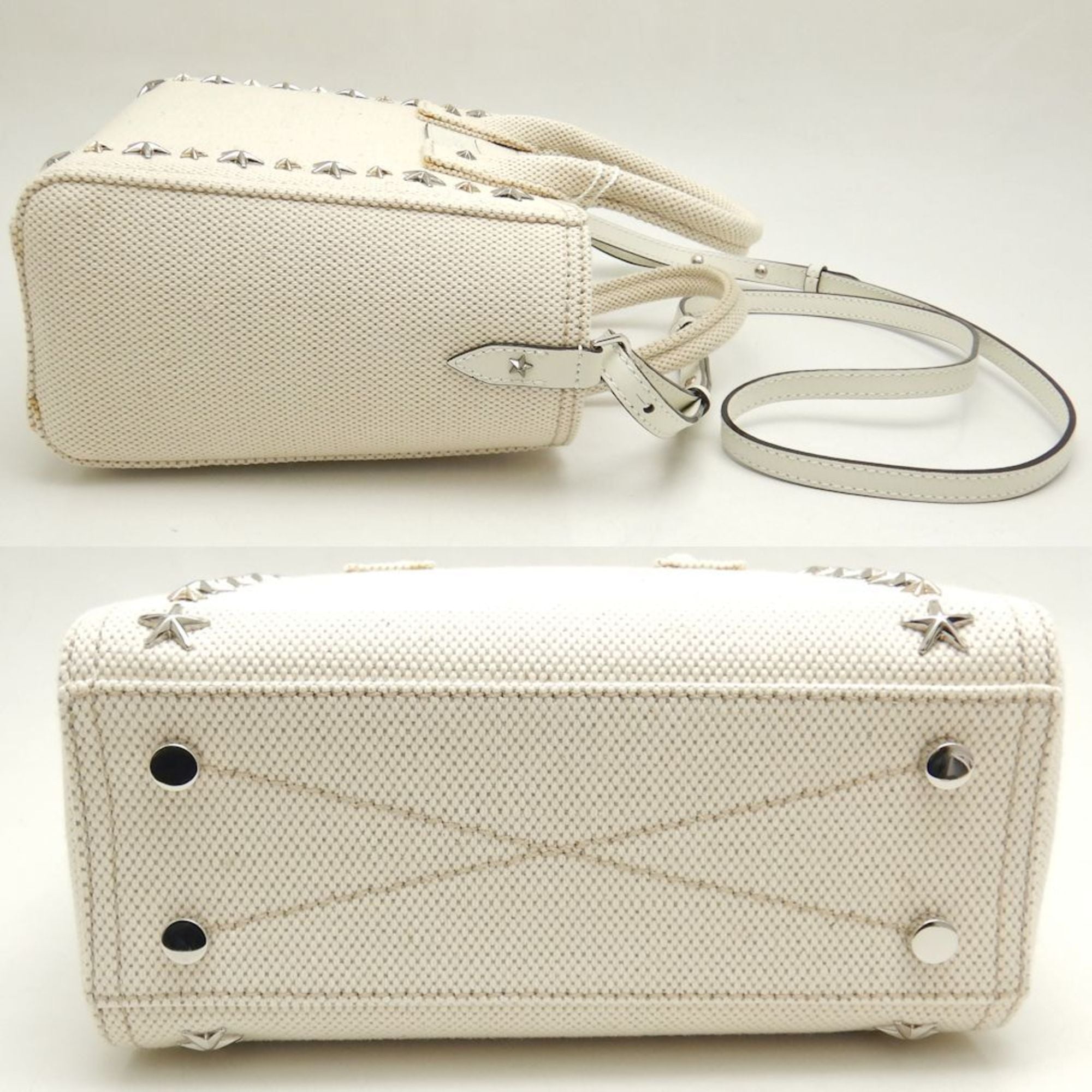 JIMMY CHOO Pegasi S CXH211 Handbag Star Studded Canvas x Leather NATURAL 251552