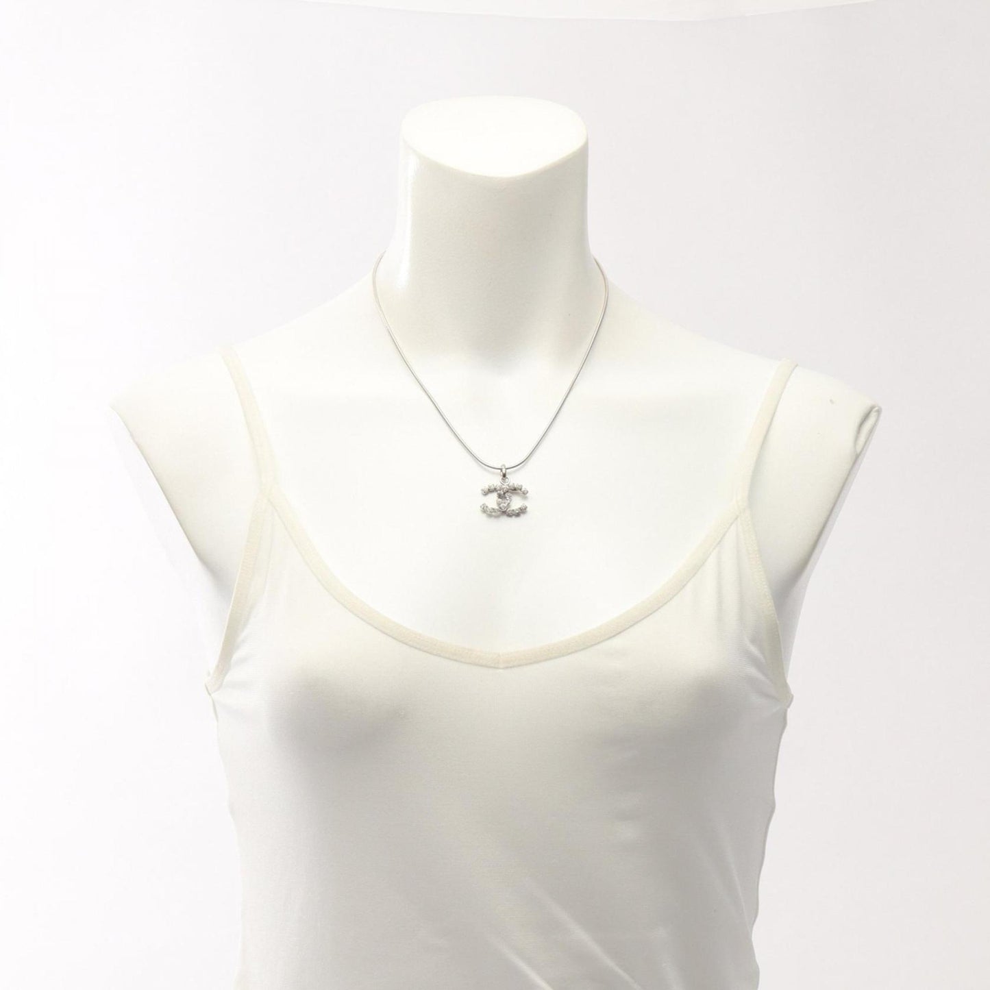 Chanel Coco Mark Necklace, Stainless Steel with Rhinestones, Women's, Silver and Clear, OOA