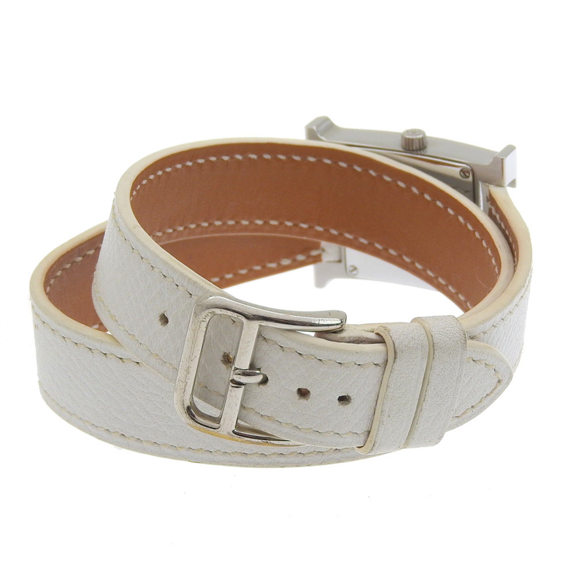 Hermès H Watch Double Tour HH1.210, stainless steel and smooth leather, made in France, 2012, silver P quartz movement, analog display, white dial, Heure watch for women — Good