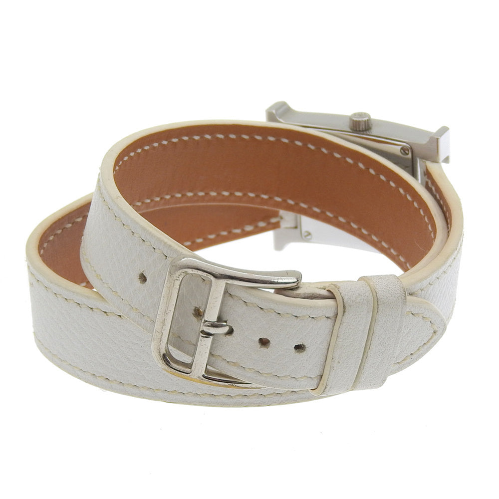 Hermès H Watch Double Tour HH1.210, stainless steel and smooth leather, made in France, 2012, silver P quartz movement, analog display, white dial, Heure watch for women — Good