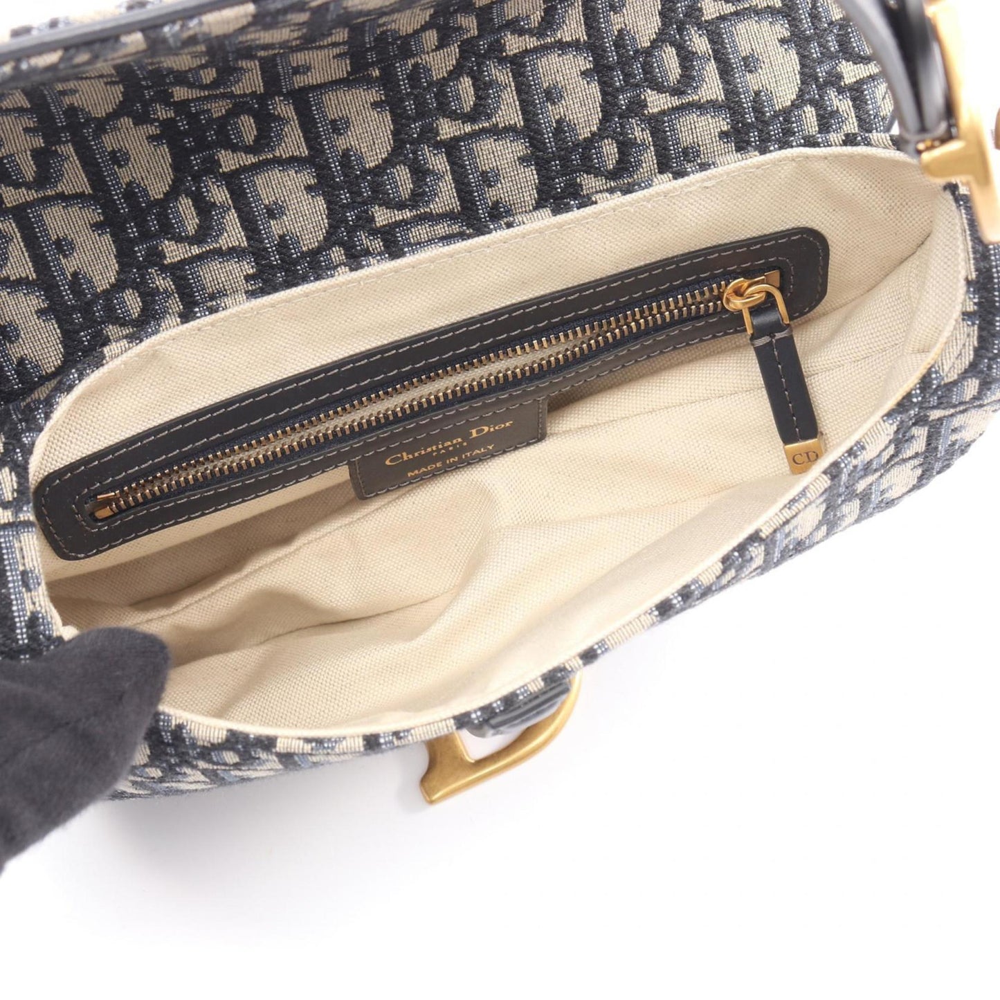 Christian Dior Dior Saddlebag, Oblique Jacquard Handbag, Canvas and Leather, Women's, Beige, Navy, Black