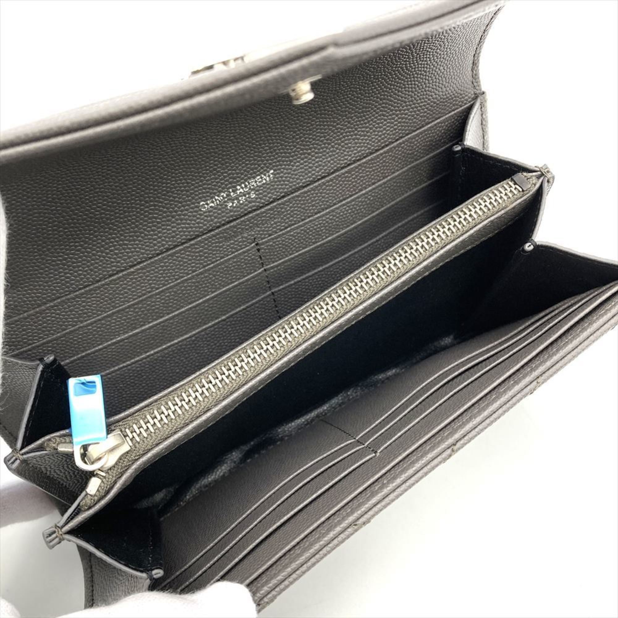 Saint Laurent YSL Cassandra V-Stitch Leather Long Wallet, 372264, Gray, Unisex