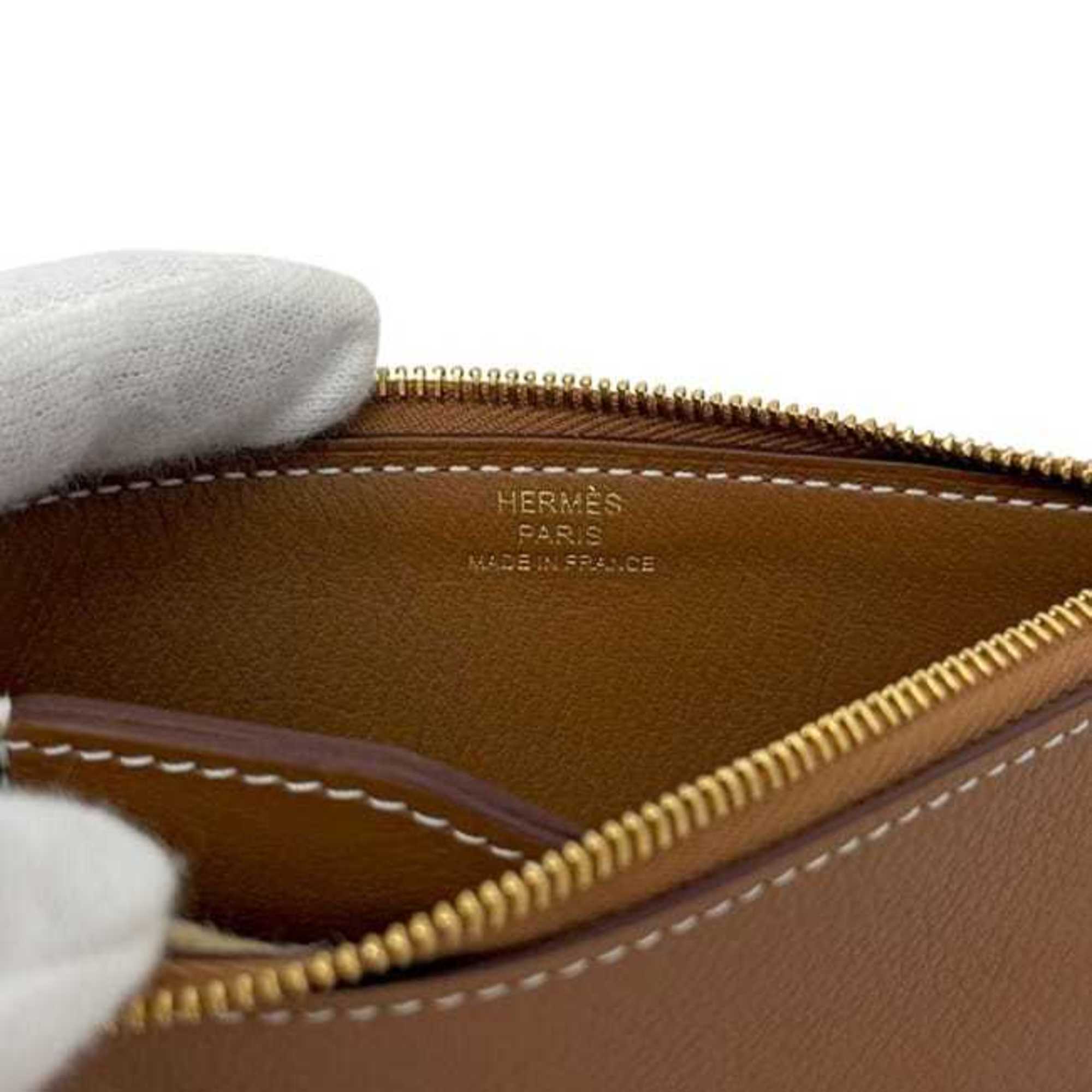 Hermes Hermès Zip Ango PM card case, f-24796, camel brown with gold coin purse and leather, Evercolor K stamp, made in 2025. This Chaine mini pouch wallet is brown.