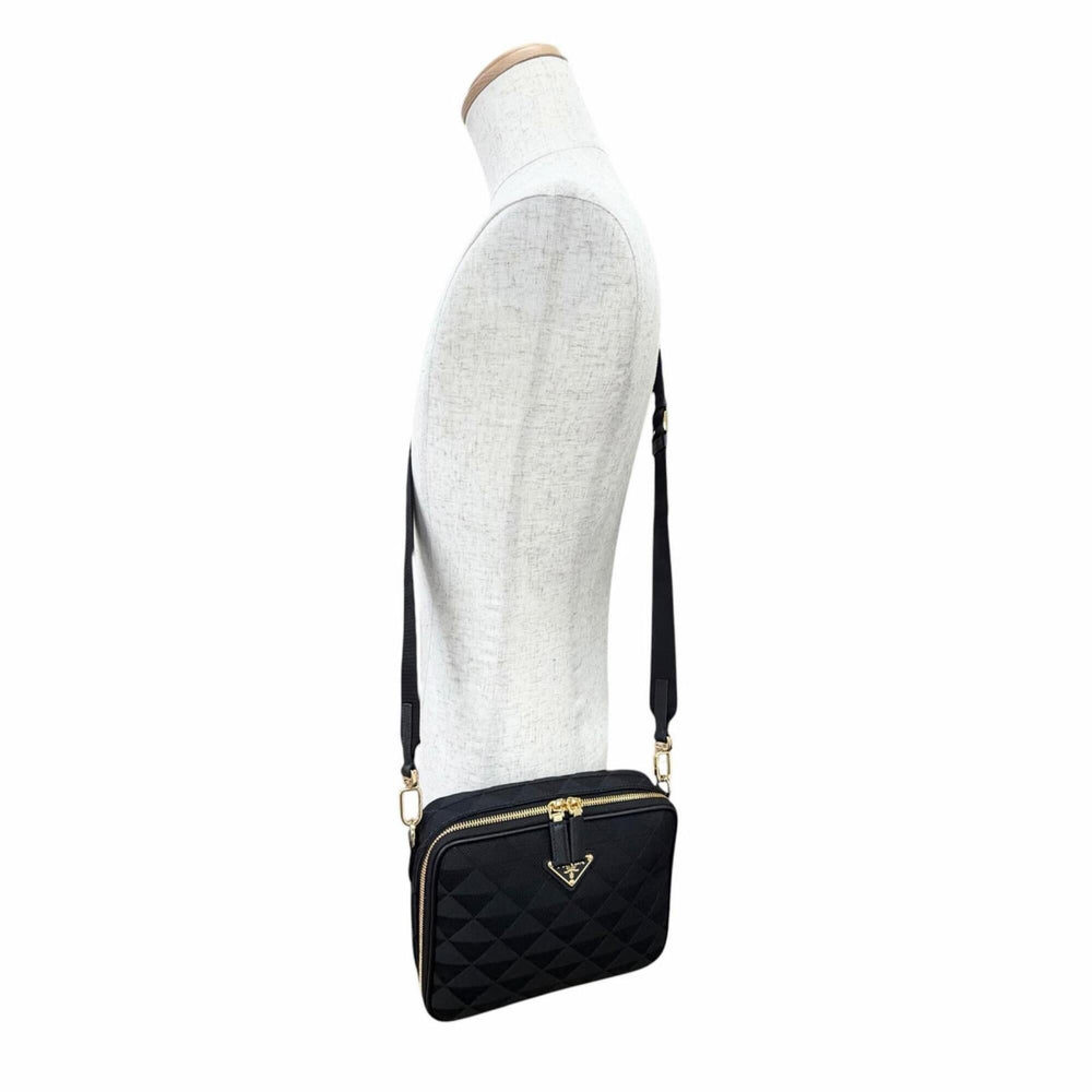 PRADA 2VH069 Brick Triangle Logo Jacquard Leather Shoulder Bag, Black with Gold Hardware, Made in Italy, Men's, Dust Bag — New - Store Return